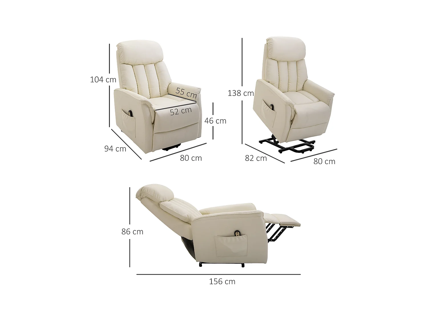 Fauteuil de relaxation avec fonction de levée, fonction inclinable, cuir synthétique, Beige (80x94x104 cm)