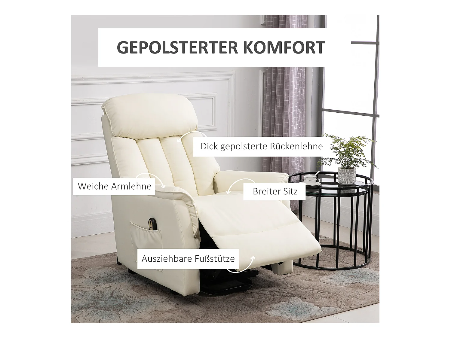 Fauteuil de relaxation avec fonction de levée, fonction inclinable, cuir synthétique, Beige (80x94x104 cm)