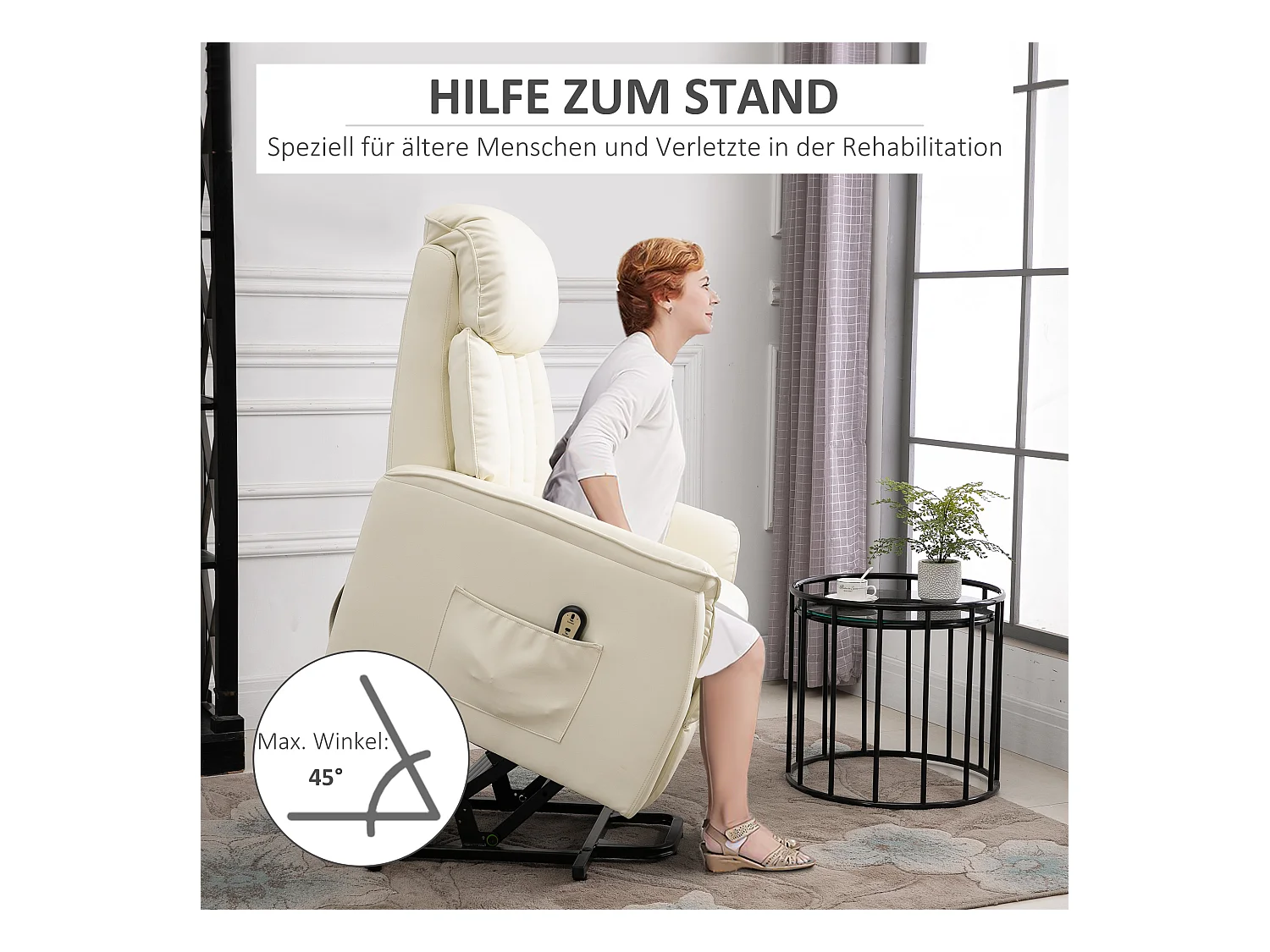 Fauteuil de relaxation avec fonction de levée, fonction inclinable, cuir synthétique, Beige (80x94x104 cm)