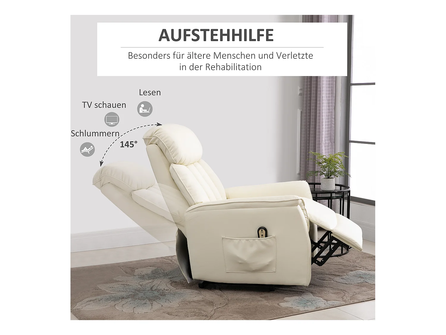 Fauteuil de relaxation avec fonction de levée, fonction inclinable, cuir synthétique, Beige (80x94x104 cm)