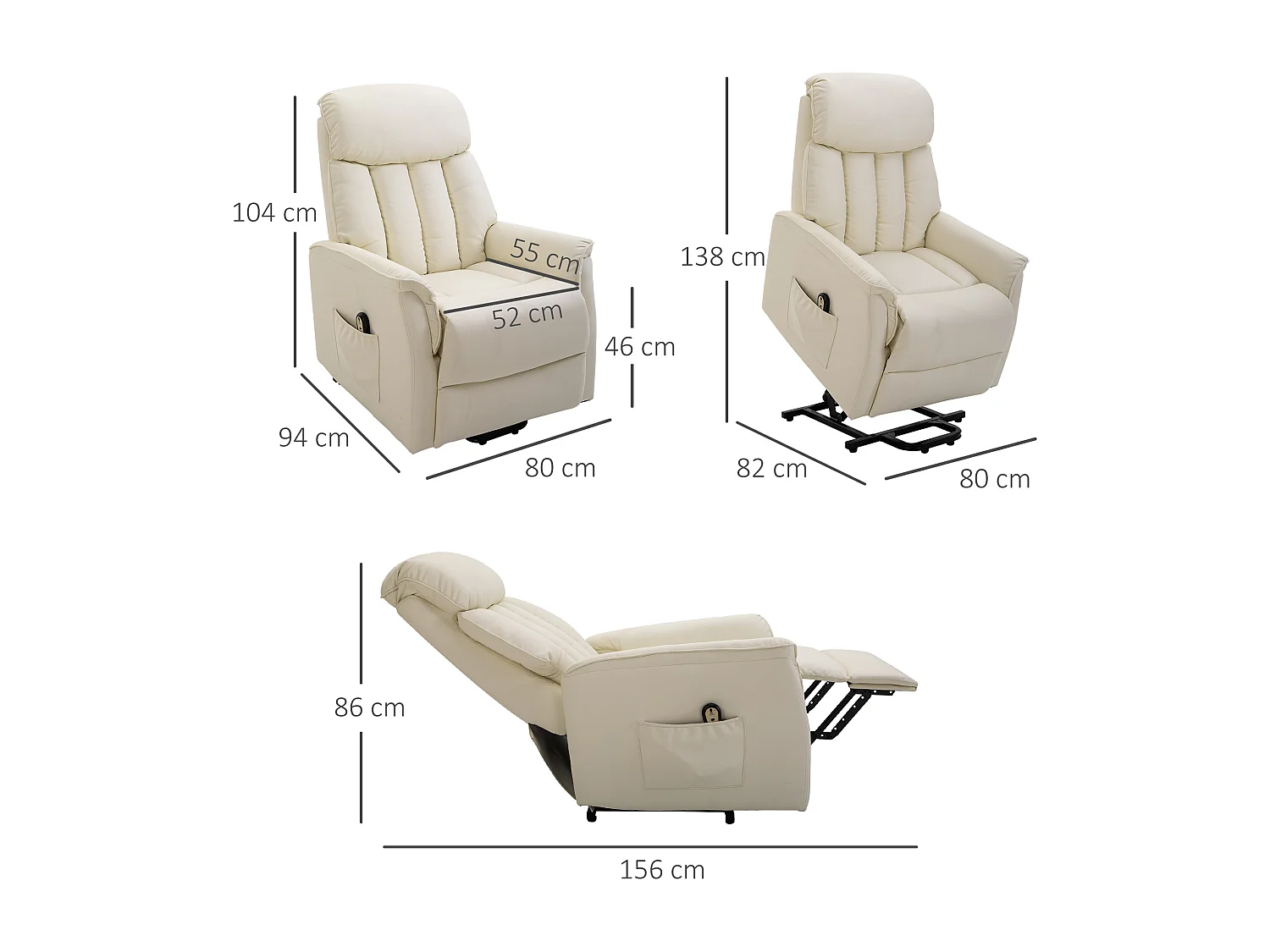Fauteuil de relaxation avec fonction de levée, fonction inclinable, cuir synthétique, Beige (80x94x104 cm)