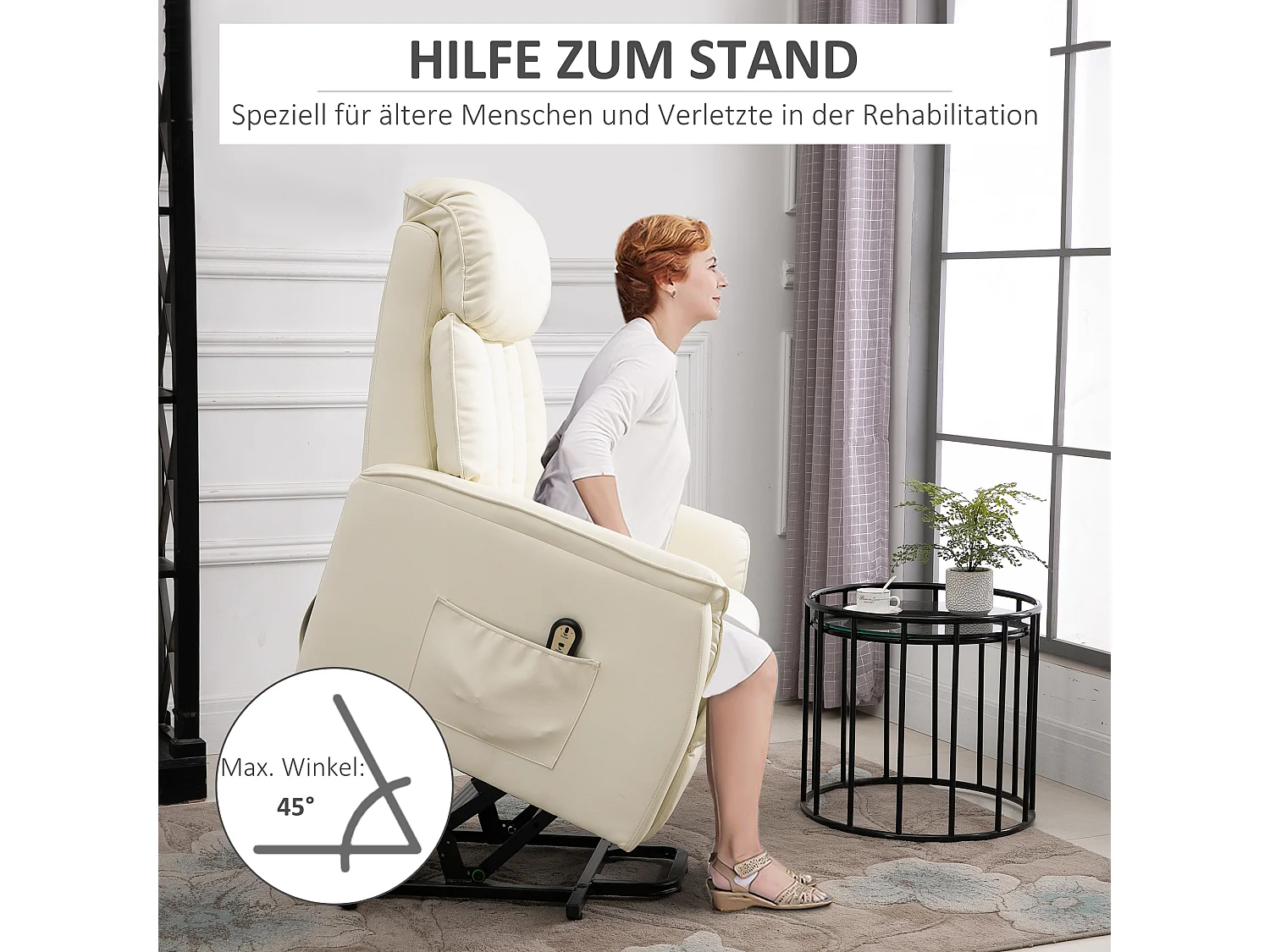 Fauteuil de relaxation avec fonction de levée, fonction inclinable, cuir synthétique, Beige (80x94x104 cm)