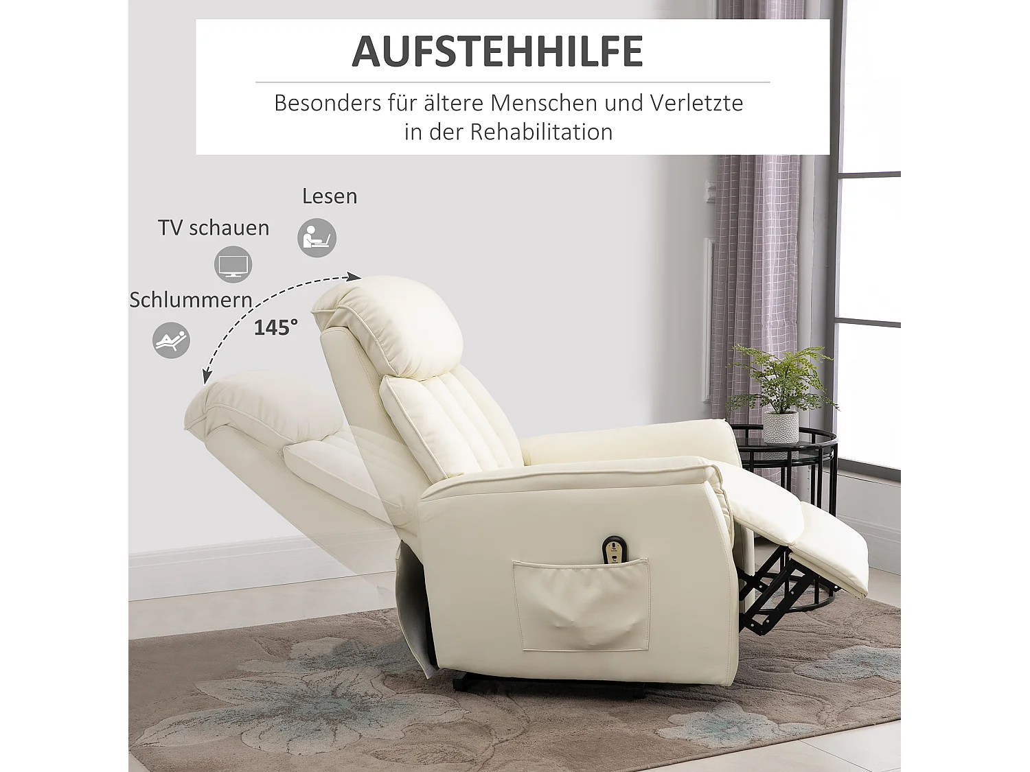 Fauteuil de relaxation avec fonction de levée, fonction inclinable, cuir synthétique, Beige (80x94x104 cm)
