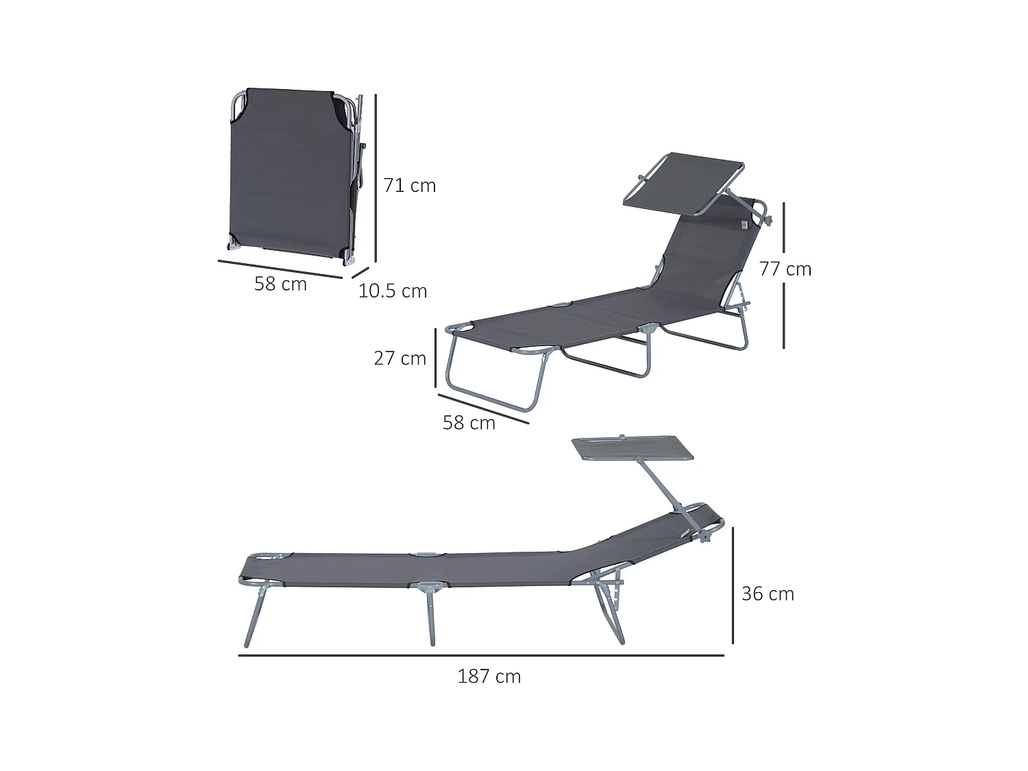 Chaise longue pliante avec pare-soleil réglable, structure métal, tissu Oxford gris (187x58x36cm)