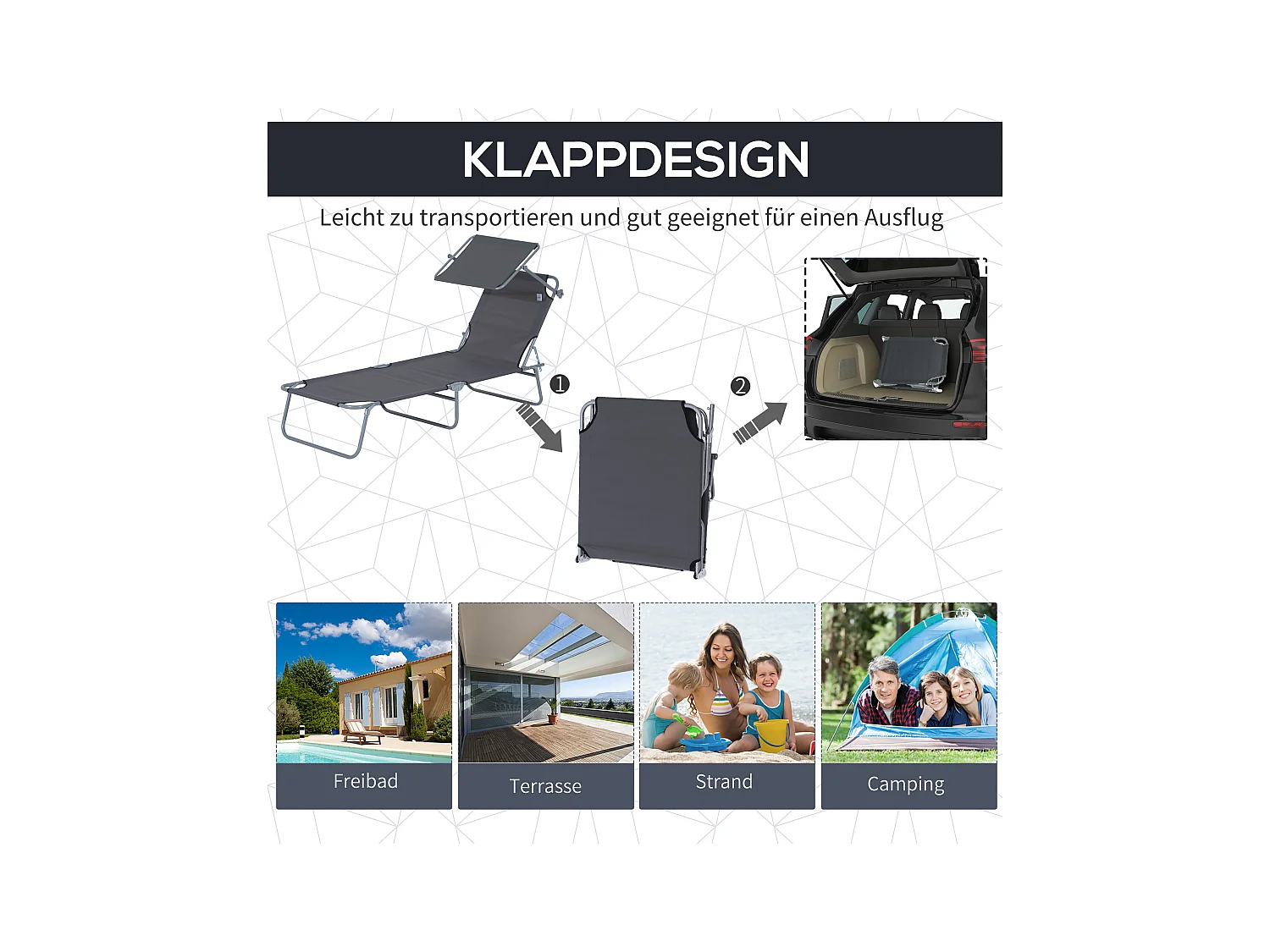 Chaise longue pliante avec pare-soleil réglable, structure métal, tissu Oxford gris (187x58x36cm)