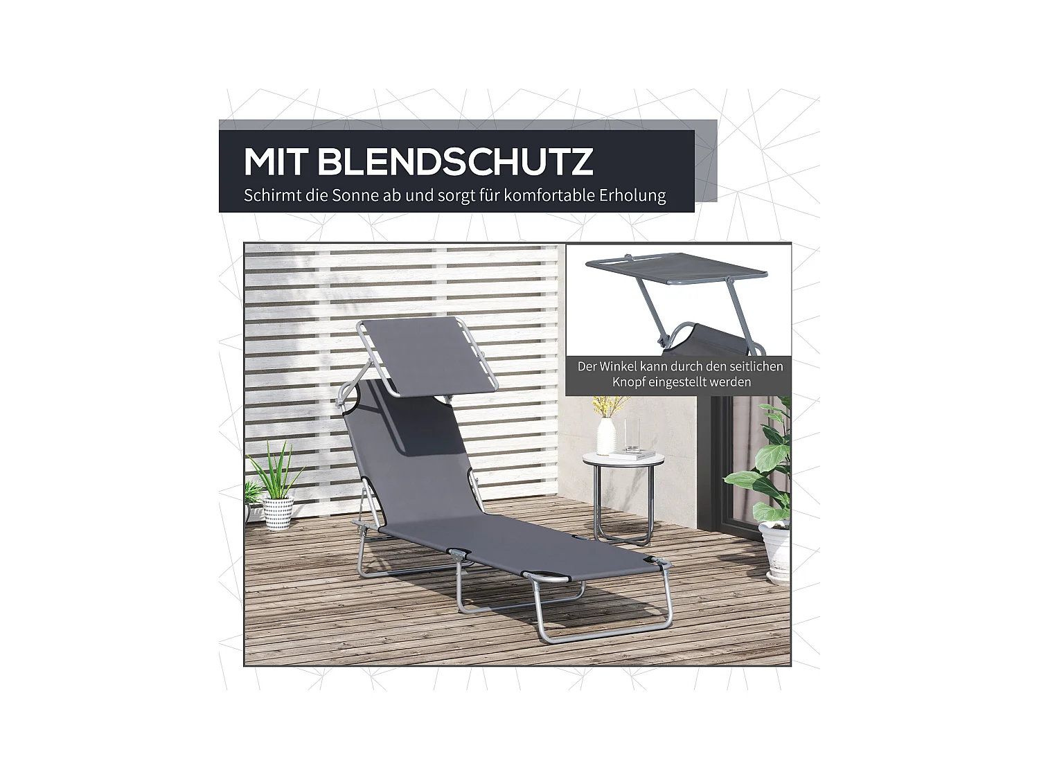 Chaise longue pliante avec pare-soleil réglable, structure métal, tissu Oxford gris (187x58x36cm)