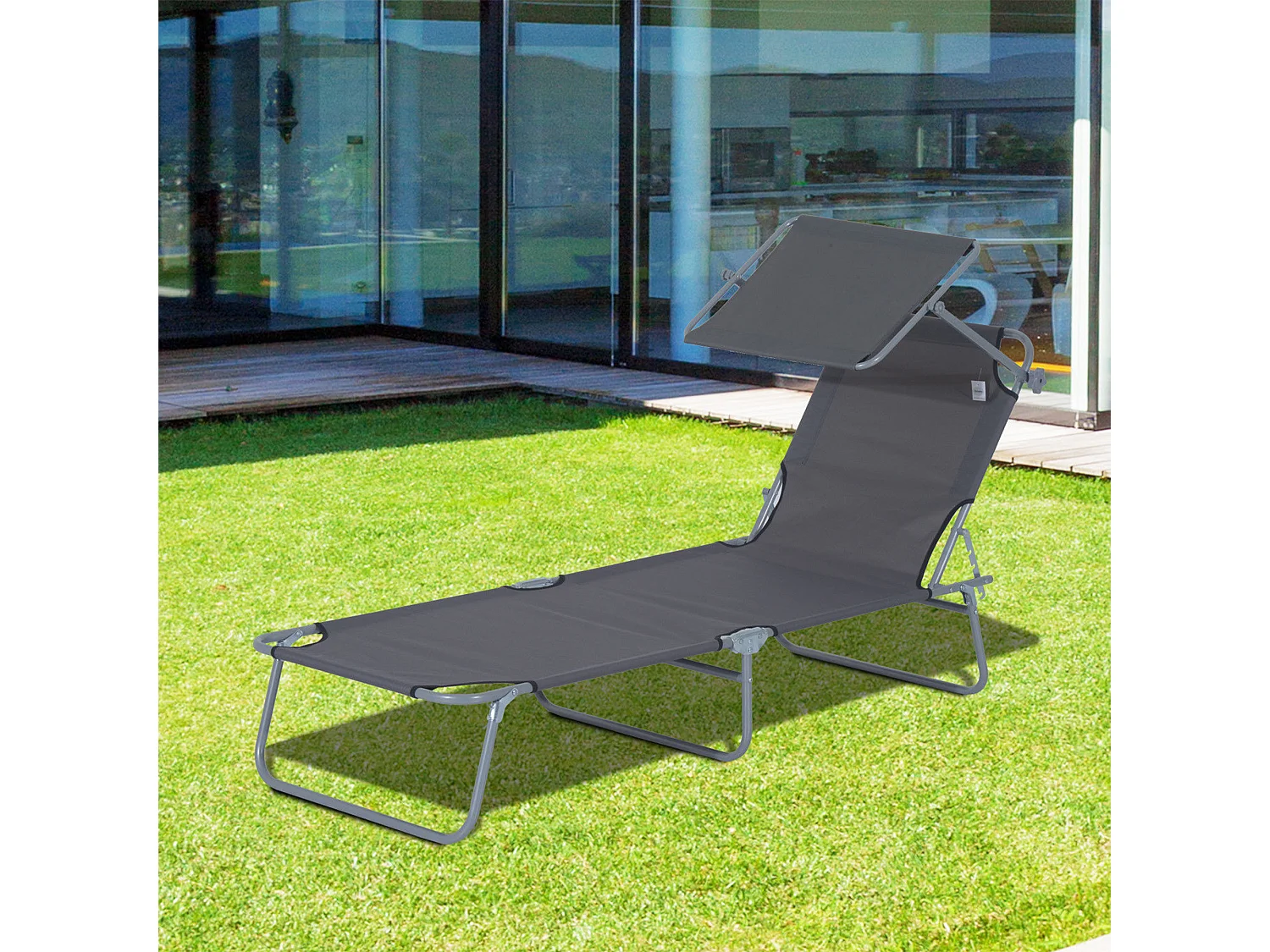 Chaise longue pliante avec pare-soleil réglable, structure métal, tissu Oxford gris (187x58x36cm)