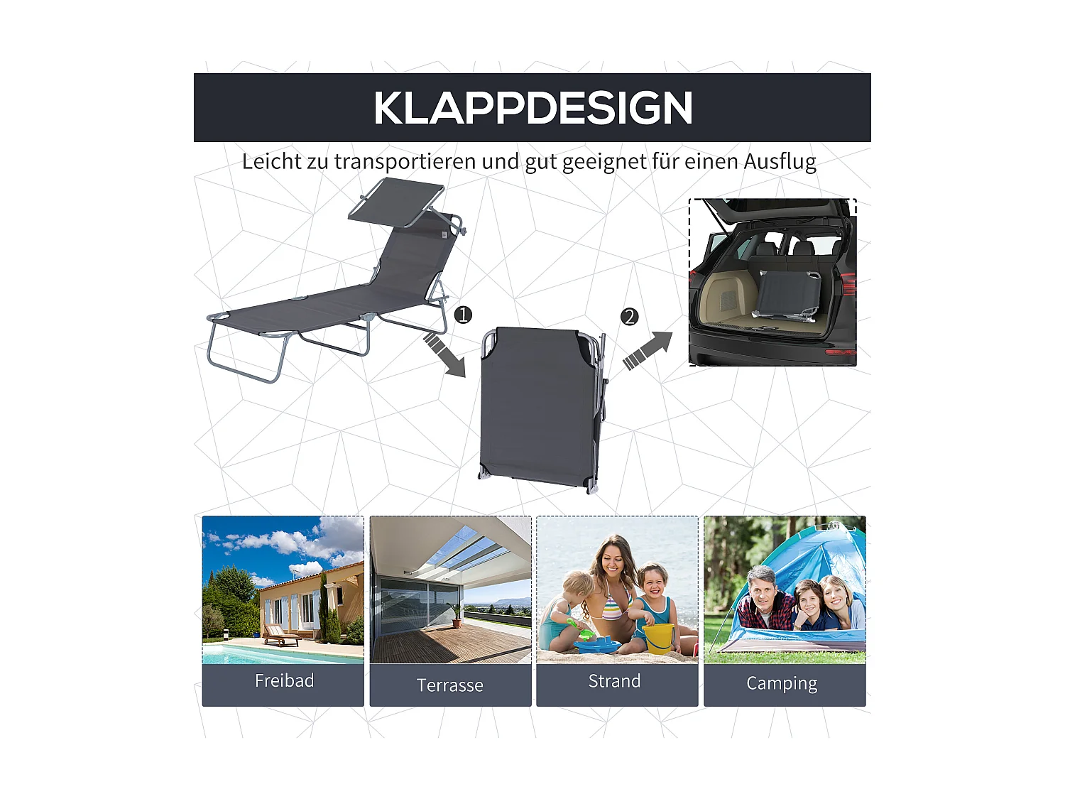 Chaise longue pliante avec pare-soleil réglable, structure métal, tissu Oxford gris (187x58x36cm)