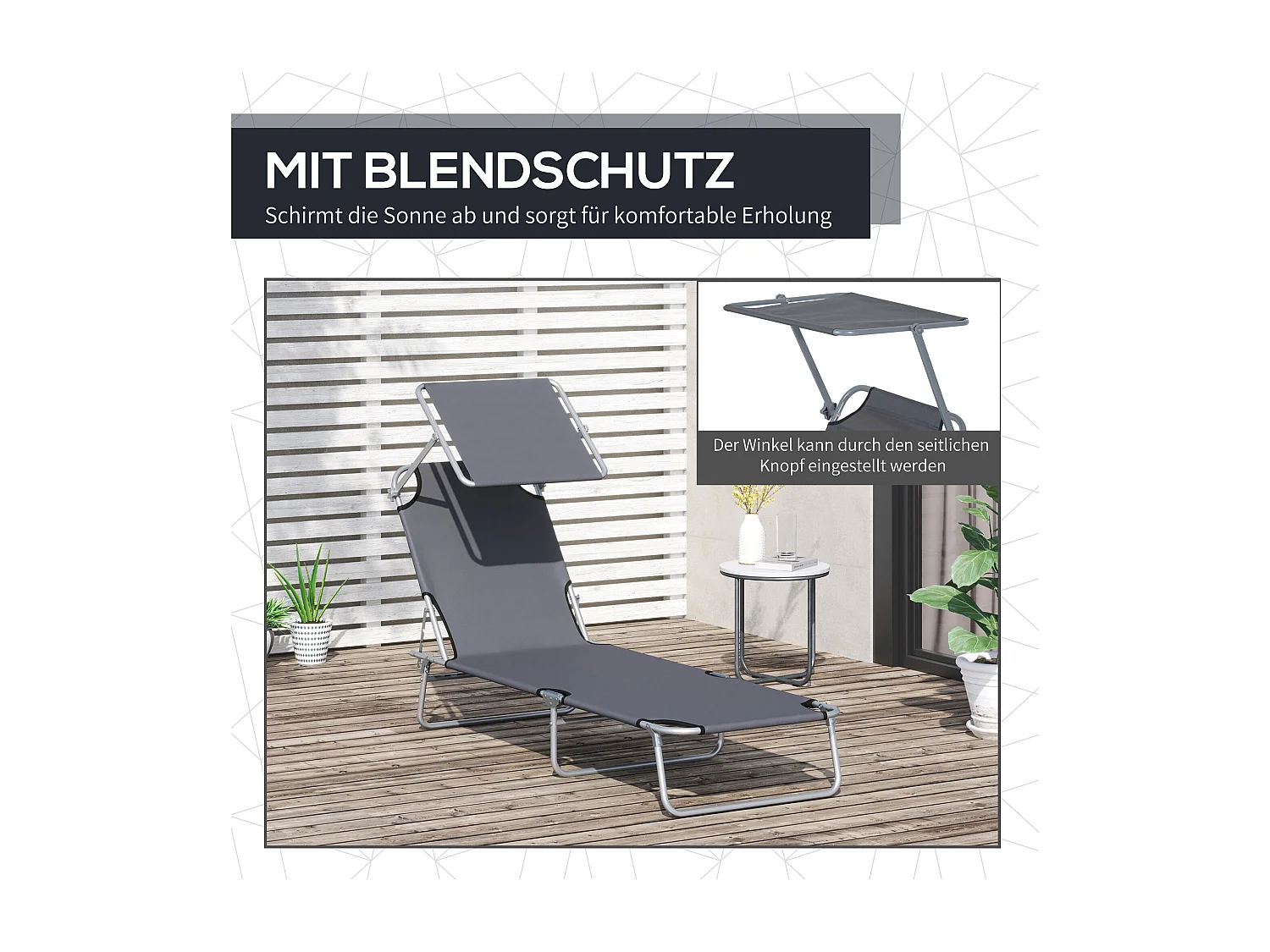 Chaise longue pliante avec pare-soleil réglable, structure métal, tissu Oxford gris (187x58x36cm)