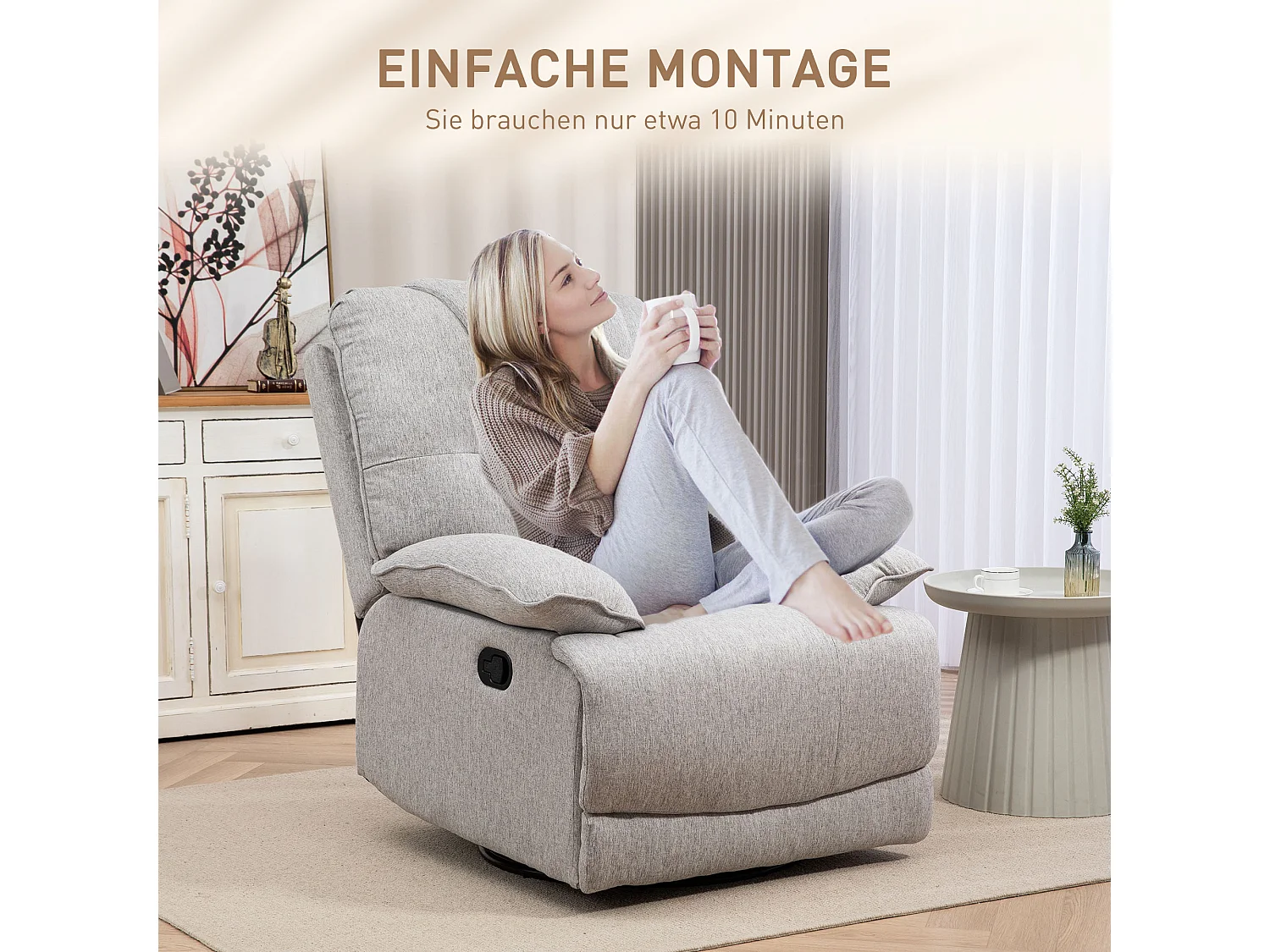 Relaxfauteuil met relaxfunctie, steunpoot, Linnen stof, Grijs (89x101x105 cm)