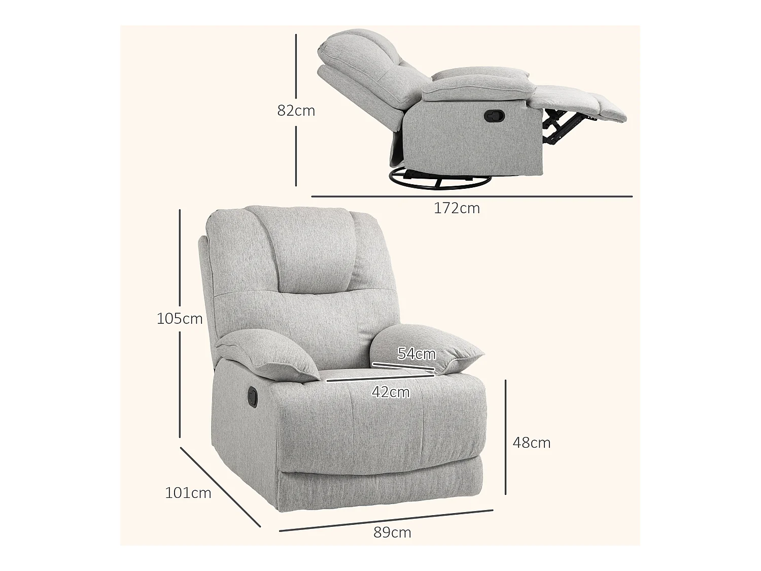 Fauteuil avec fonction inclinable, pied de soutien, Tissu lin, Gris (89x101x105 cm)