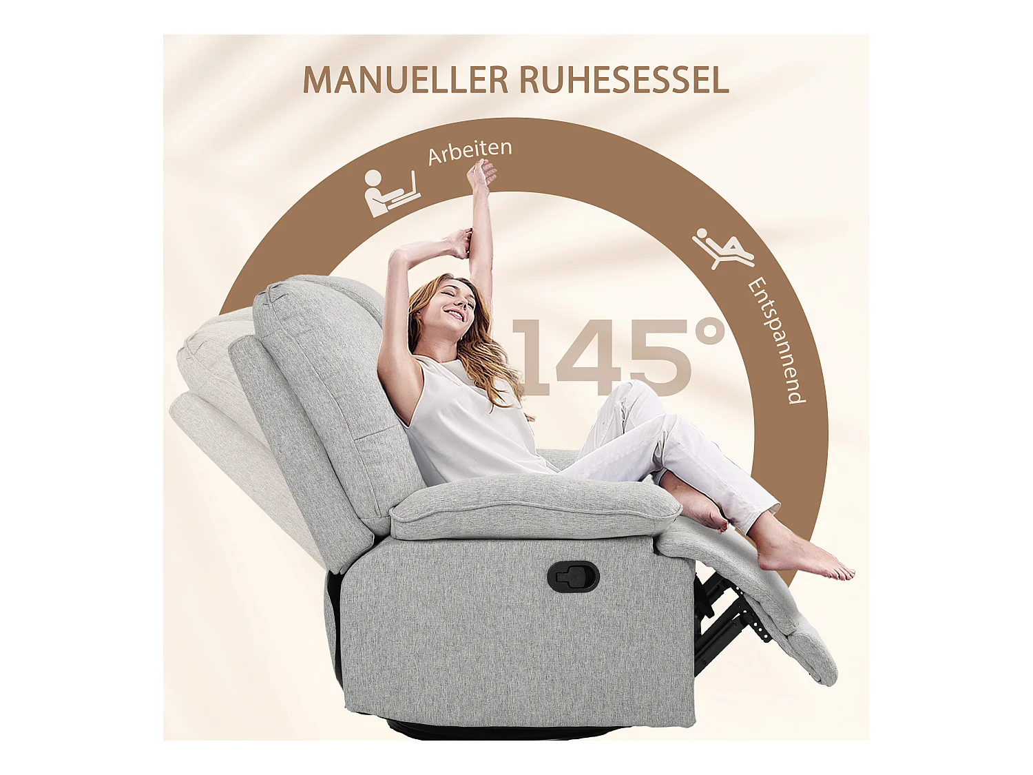 Fauteuil avec fonction inclinable, pied de soutien, Tissu lin, Gris (89x101x105 cm)