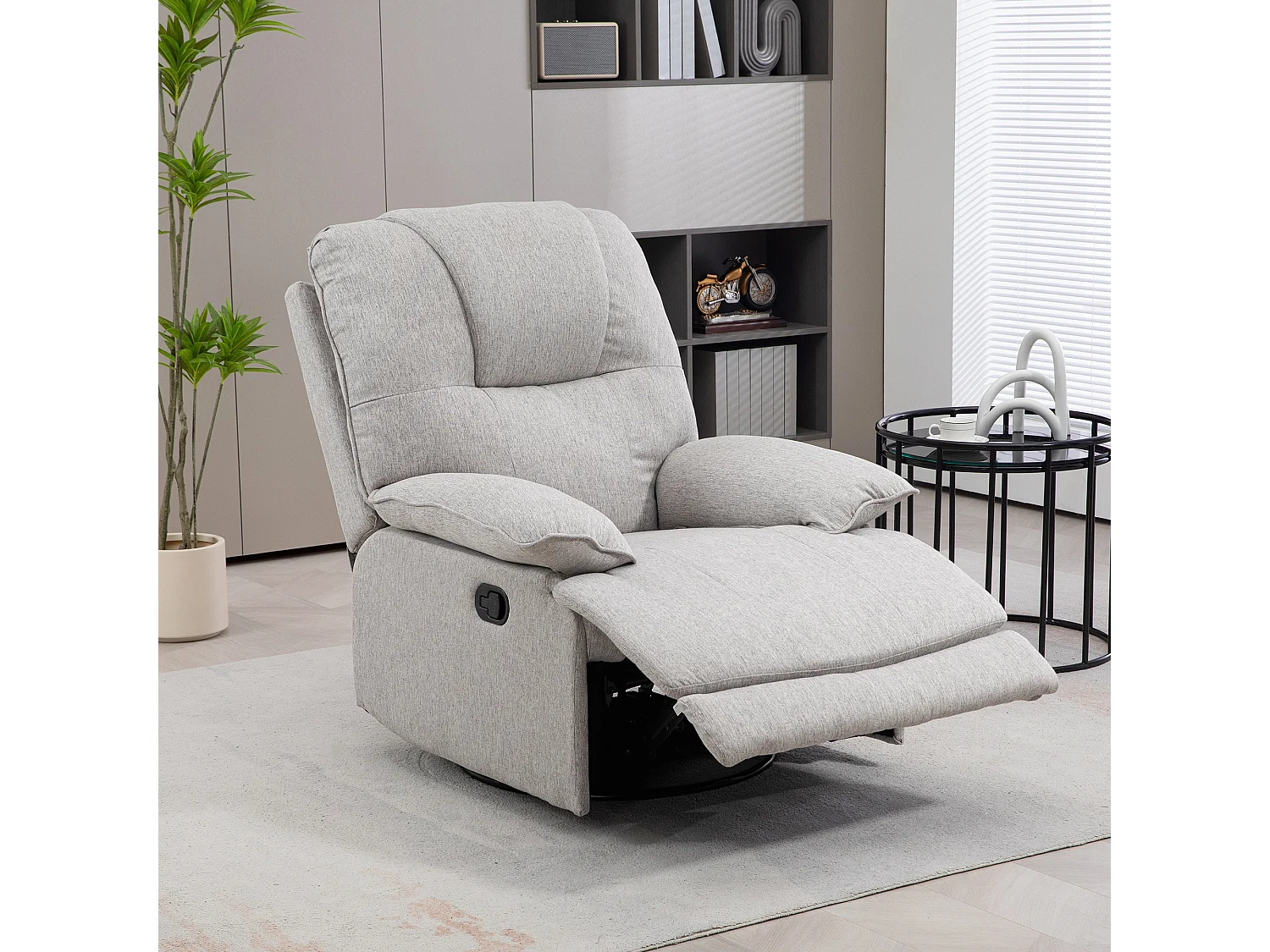 Fauteuil avec fonction inclinable, pied de soutien, Tissu lin, Gris (89x101x105 cm)