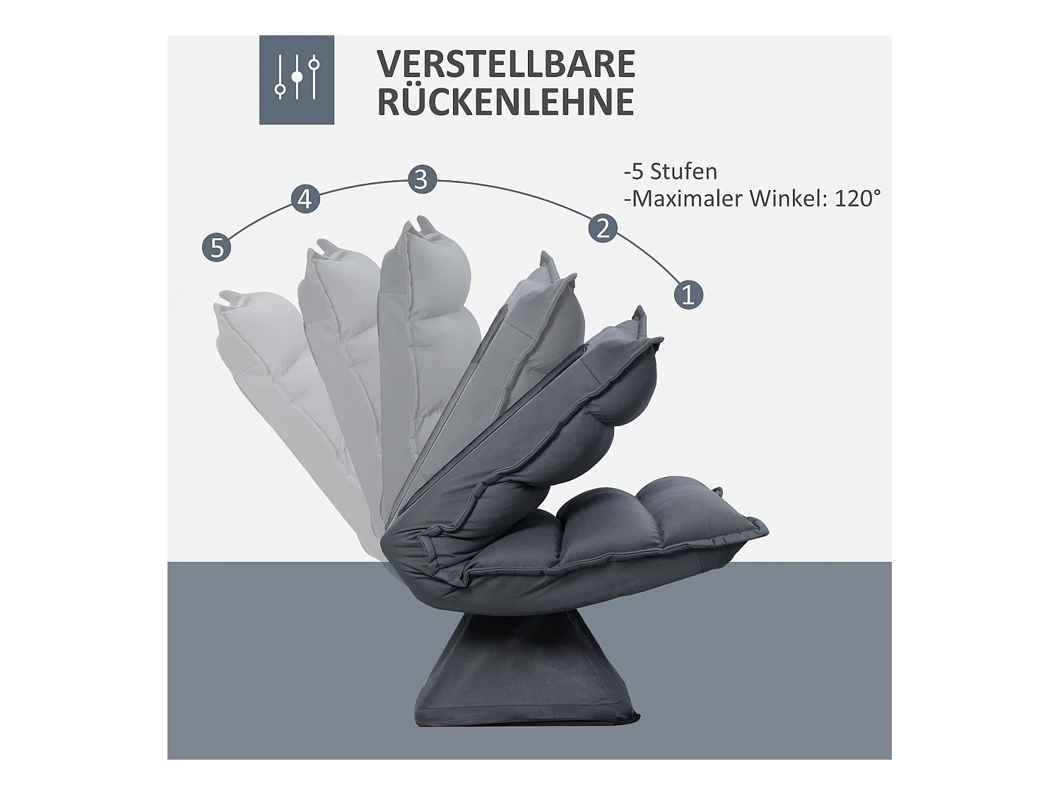 Fauteuil de sol pivotant 360°, dossier réglable 5 positions, microfibre, acier, gris foncé (62x70x95 cm)