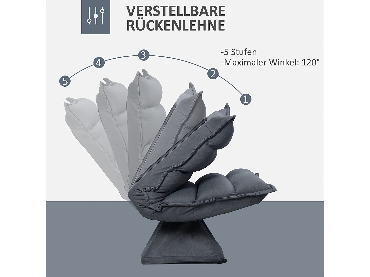 Fauteuil de sol pivotant 360°, dossier réglable 5 positions, microfibre, acier, gris foncé (62x70x95 cm)
