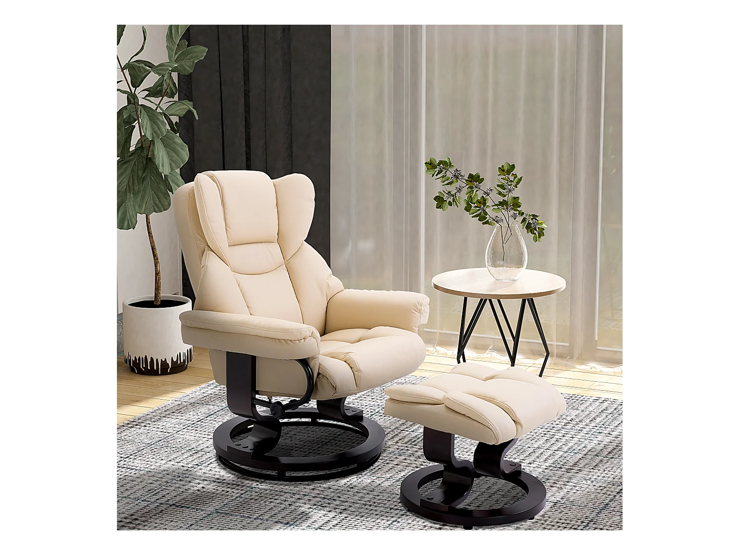 Fauteuil pivotant avec pouf, fonction inclinable, cuir synthétique, crème (80x79x100 cm)