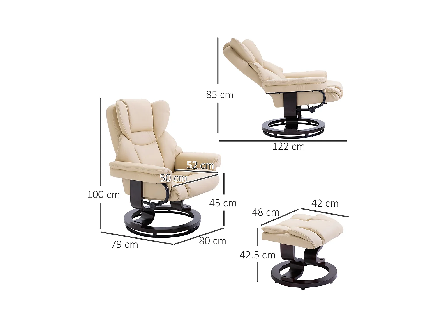 Fauteuil pivotant avec pouf, fonction inclinable, cuir synthétique, crème (80x79x100 cm)