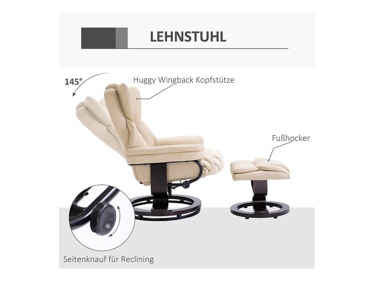 Fauteuil pivotant avec pouf, fonction inclinable, cuir synthétique, crème (80x79x100 cm)