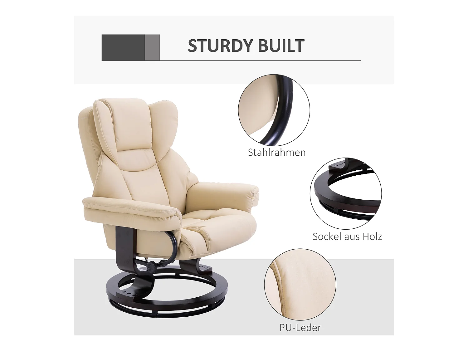 Fauteuil pivotant avec pouf, fonction inclinable, cuir synthétique, crème (80x79x100 cm)