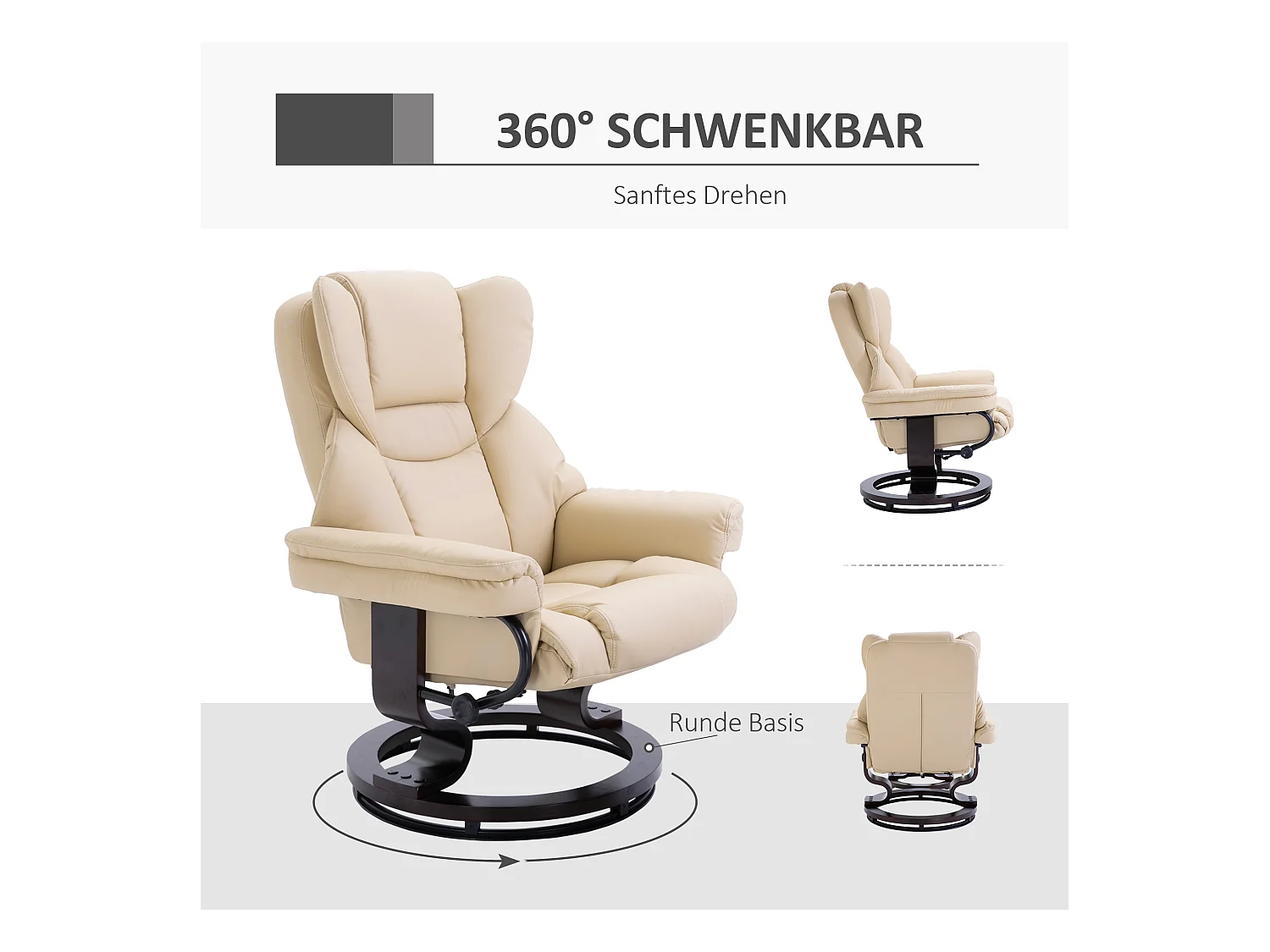 Fauteuil pivotant avec pouf, fonction inclinable, cuir synthétique, crème (80x79x100 cm)