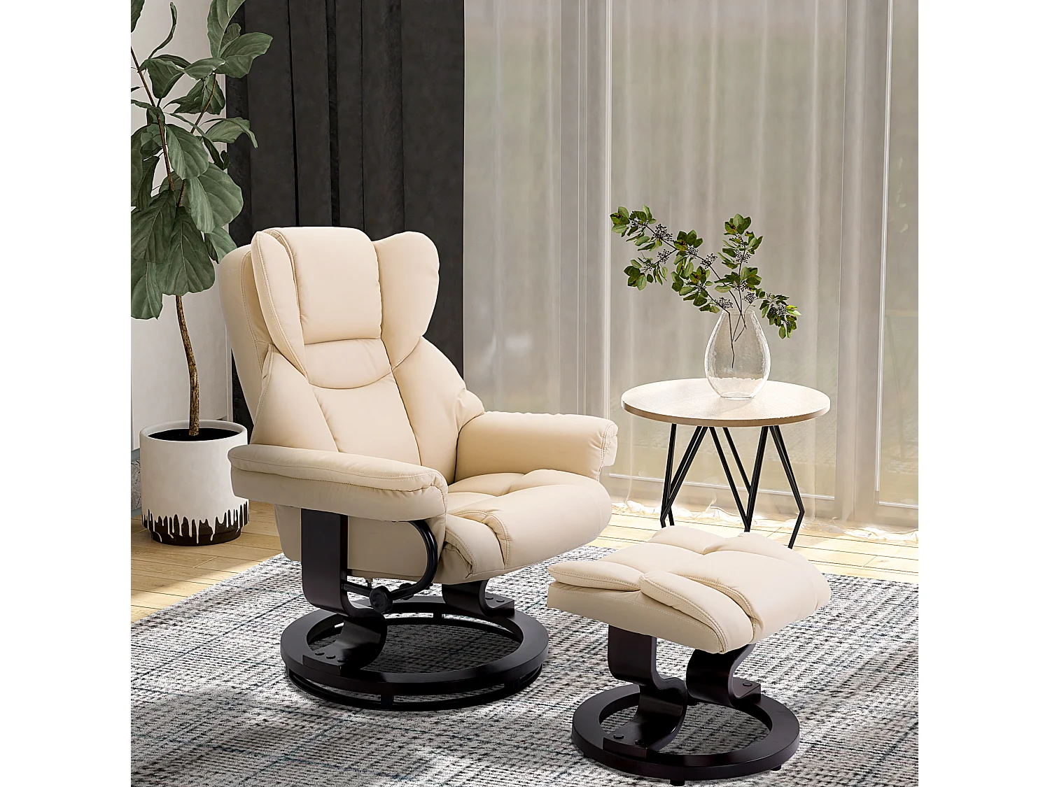 Fauteuil pivotant avec pouf, fonction inclinable, cuir synthétique, crème (80x79x100 cm)