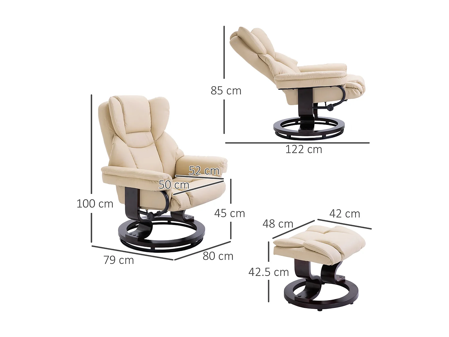 Fauteuil pivotant avec pouf, fonction inclinable, cuir synthétique, crème (80x79x100 cm)