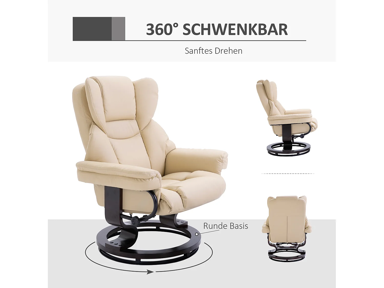 Fauteuil pivotant avec pouf, fonction inclinable, cuir synthétique, crème (80x79x100 cm)