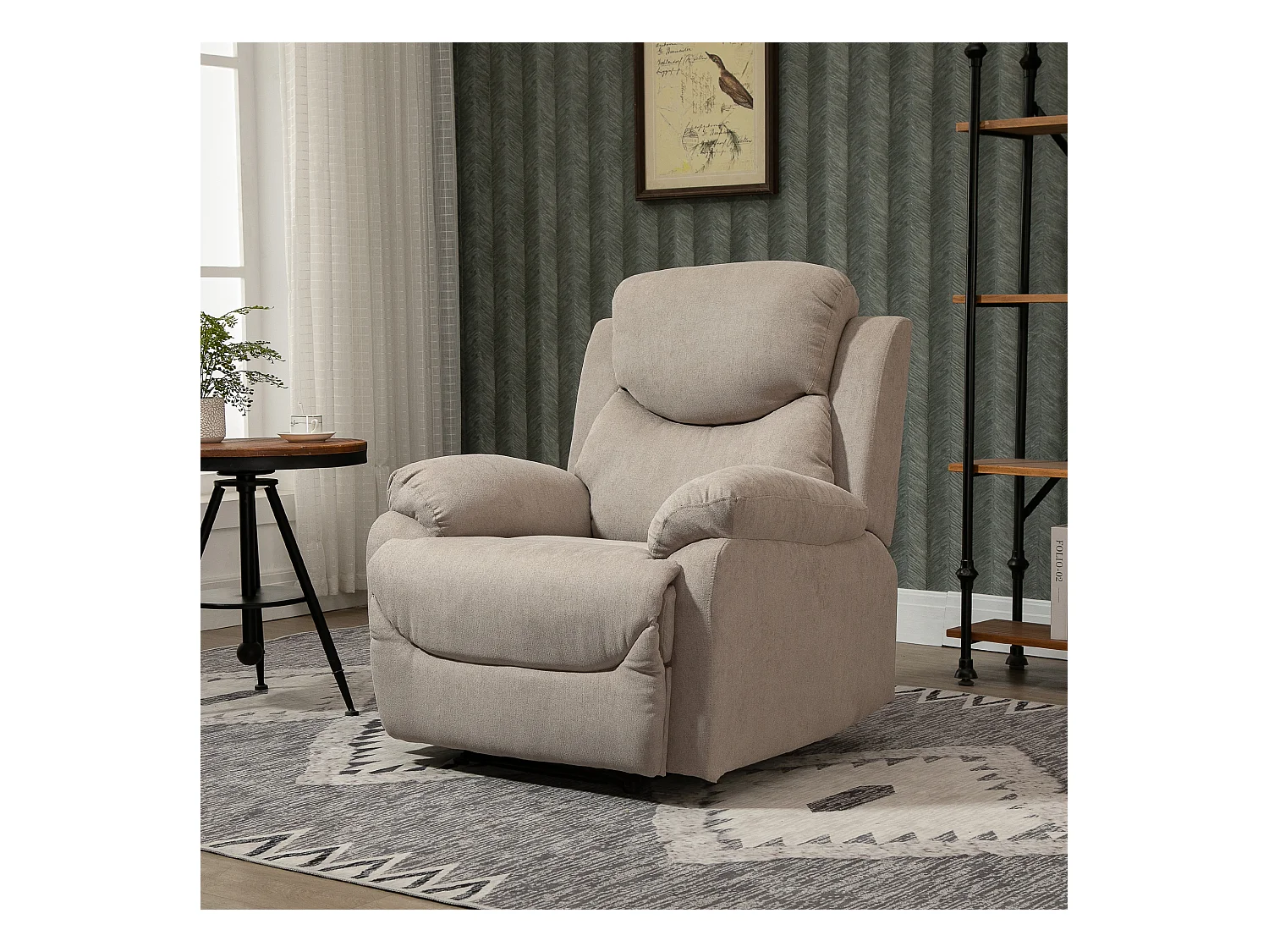 Fauteuil inclinable 150°, lin beige, cadre bois et métal, confortable (97x96x105.5cm)