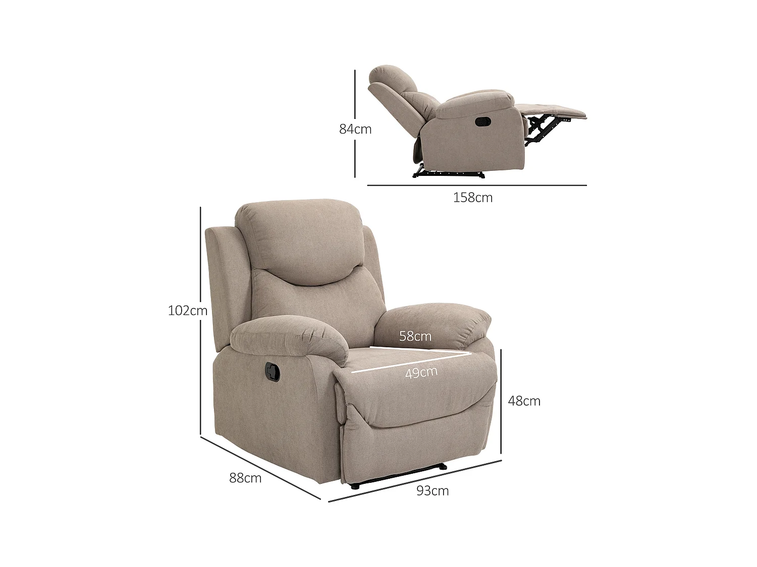 Fauteuil inclinable 150°, lin beige, cadre bois et métal, confortable (97x96x105.5cm)