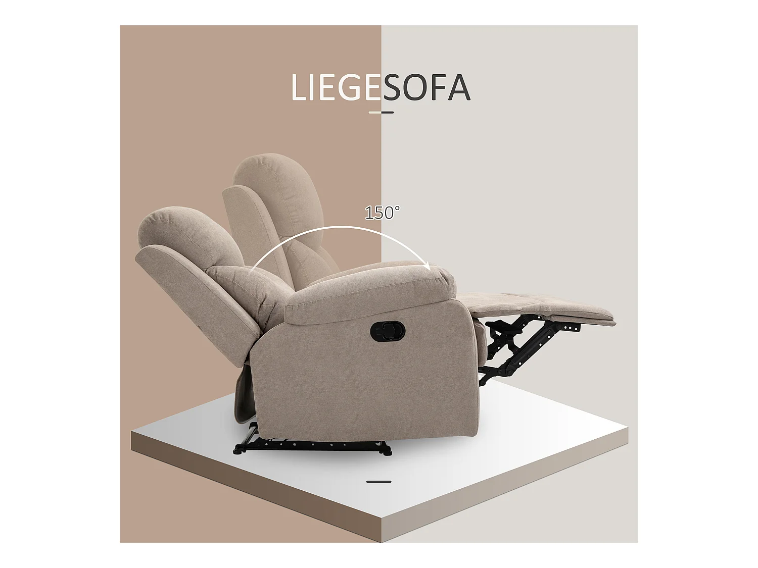 Fauteuil inclinable 150°, lin beige, cadre bois et métal, confortable (97x96x105.5cm)