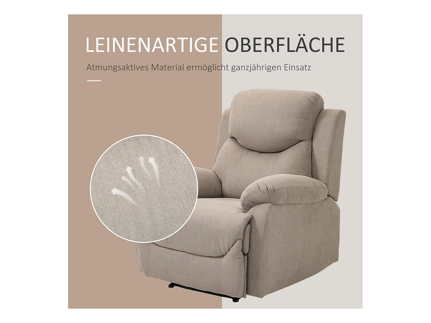 Fauteuil inclinable 150°, lin beige, cadre bois et métal, confortable (97x96x105.5cm)