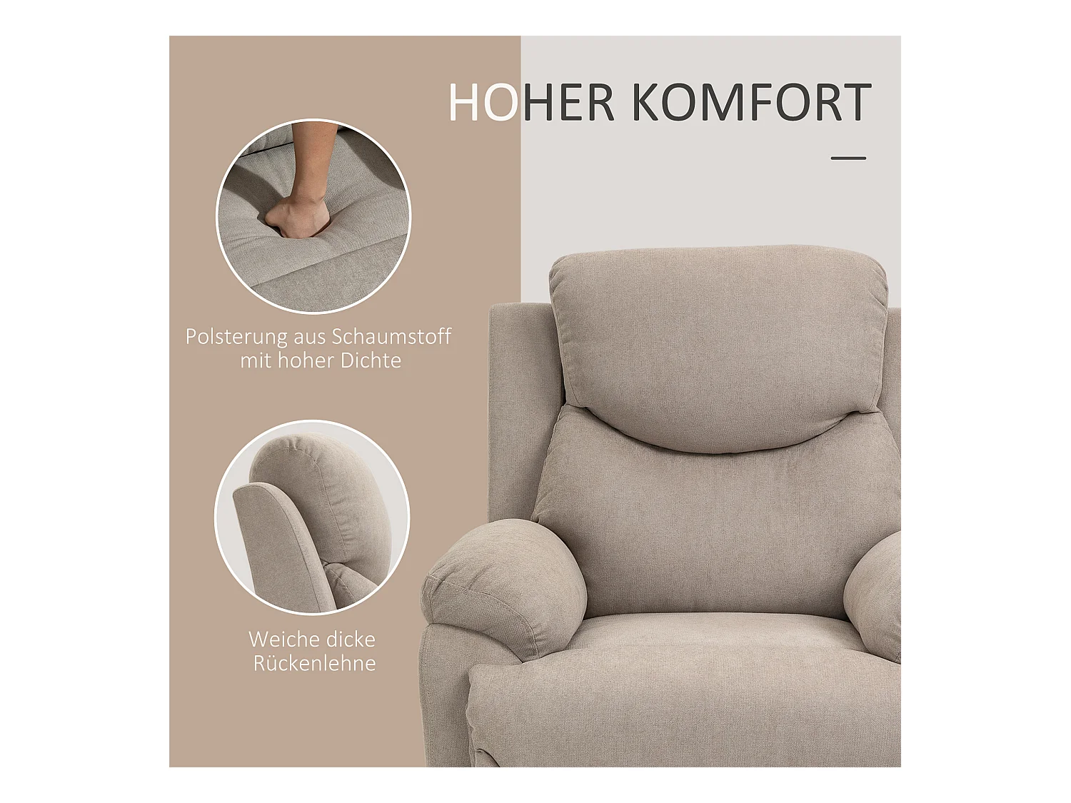 Fauteuil inclinable 150°, lin beige, cadre bois et métal, confortable (97x96x105.5cm)