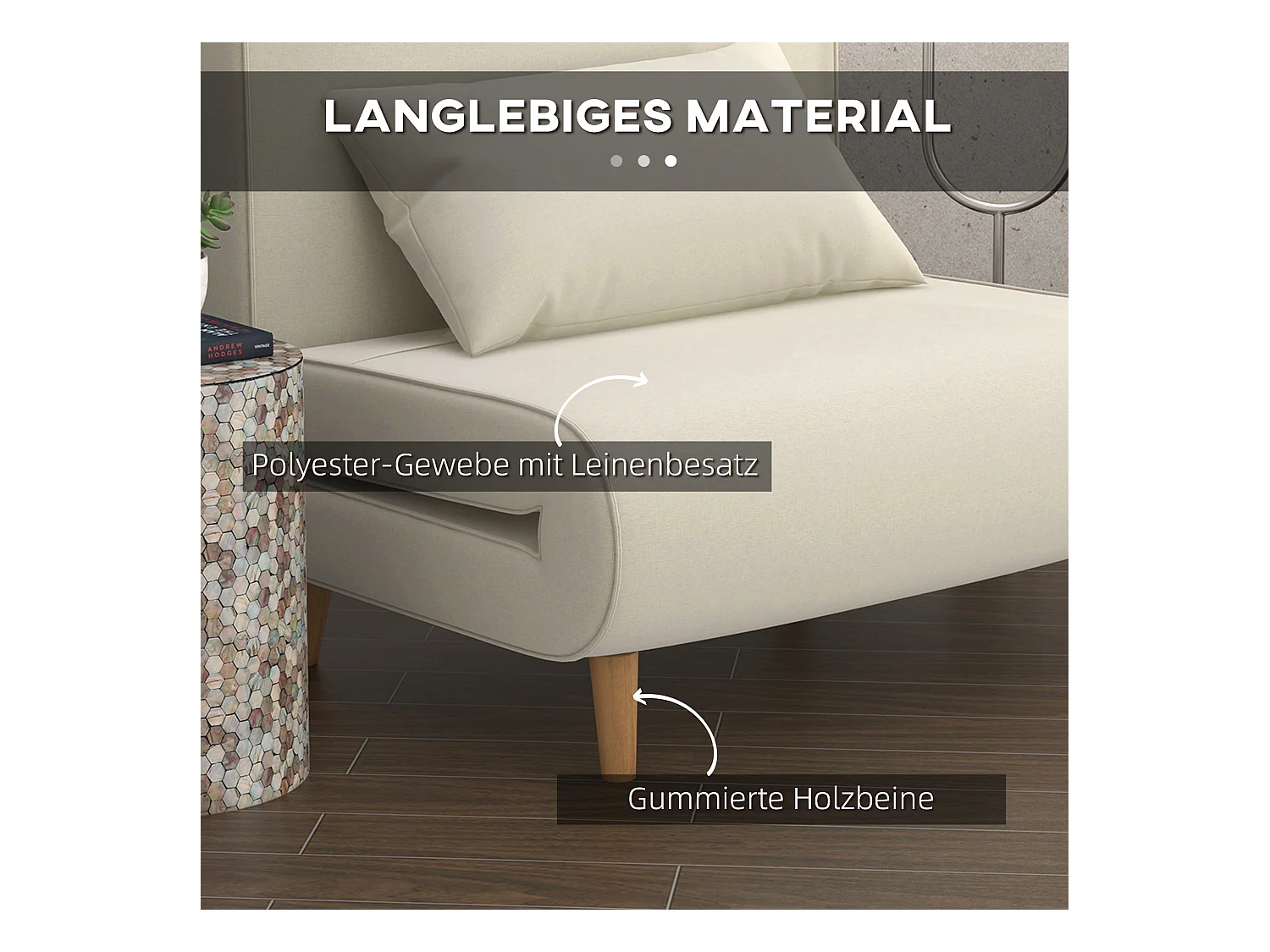 Canapé-lit individuel, avec dossier réglable, style scandinave, tissu imitation lin, crème (94x78x80 cm)