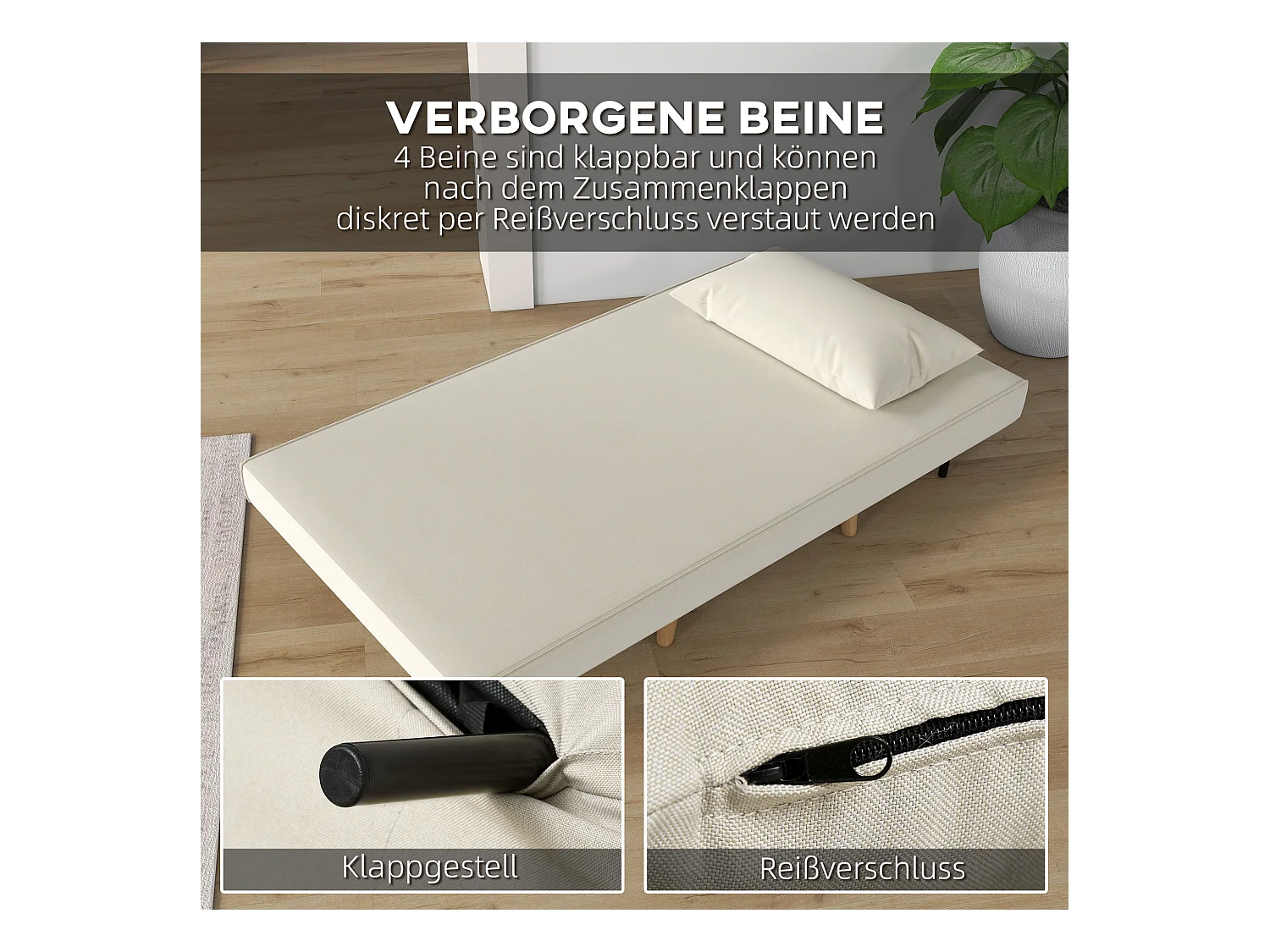 Canapé-lit individuel, avec dossier réglable, style scandinave, tissu imitation lin, crème (94x78x80 cm)