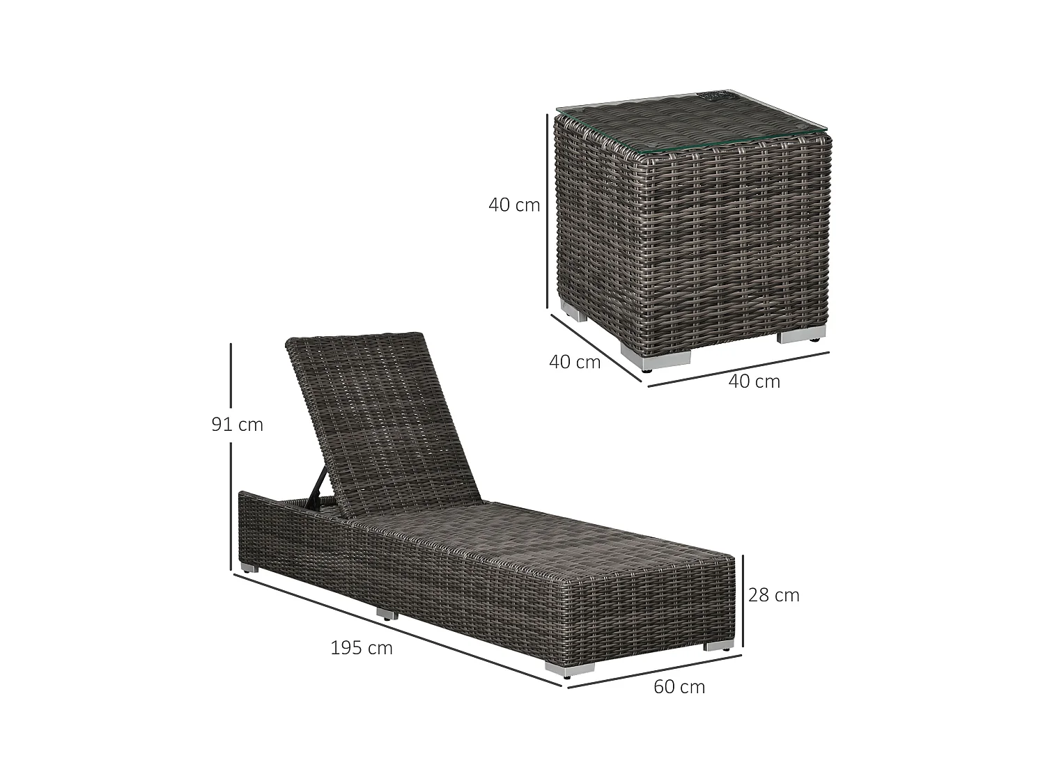 Poltrona lounge 3 pezzi, polyrattan, alluminio, grigio (60x195x91 cm)