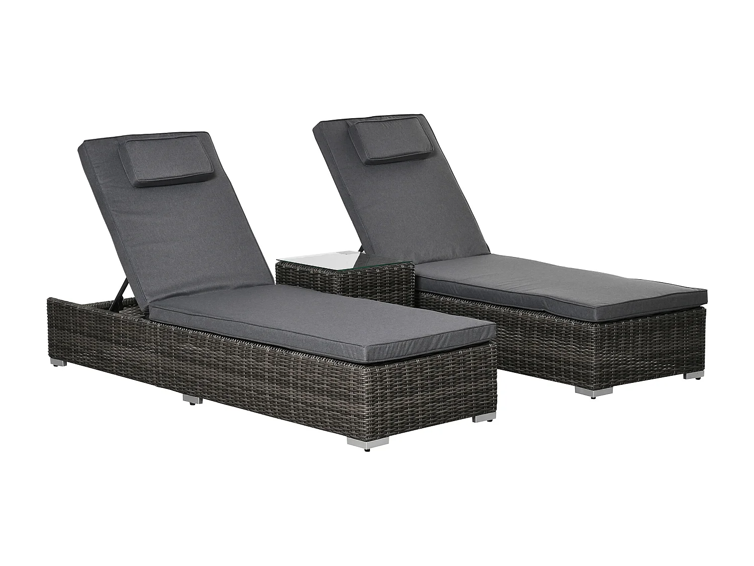 Chaise longue 3 pièces, en poly-rattan, aluminium, gris (60x195x91 cm)
