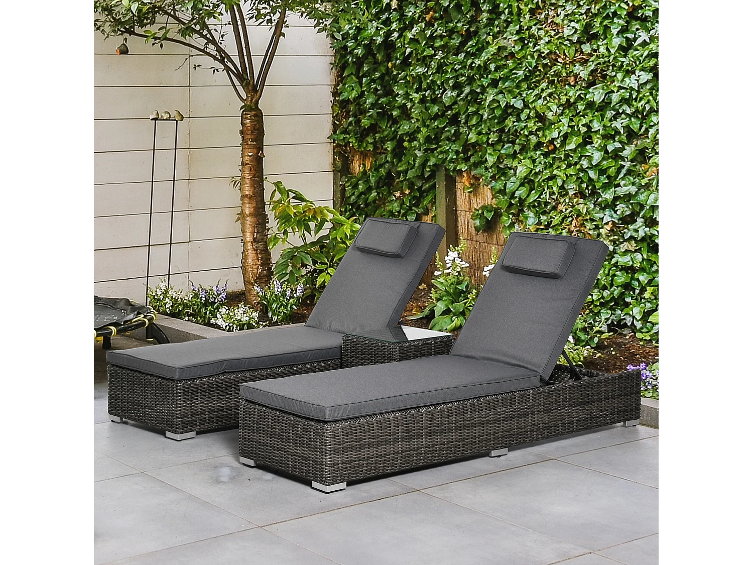 Chaise longue 3 pièces, en poly-rattan, aluminium, gris (60x195x91 cm)