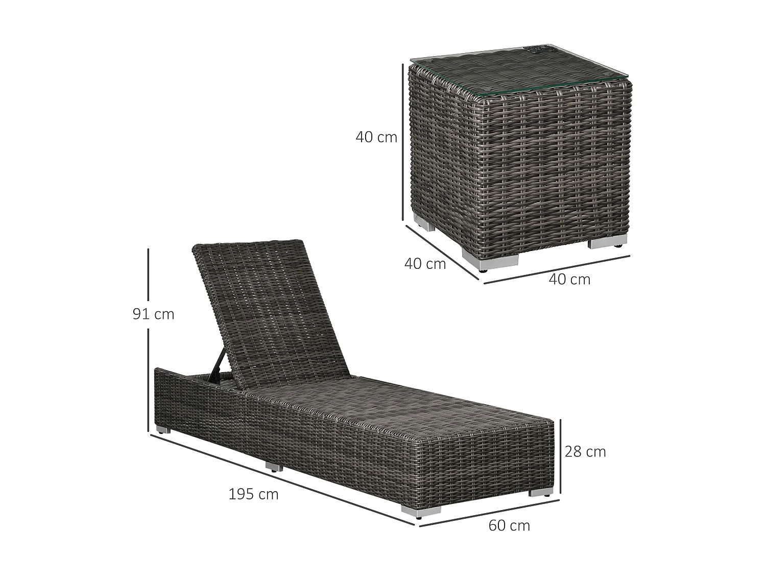 Chaise longue 3 pièces, en poly-rattan, aluminium, gris (60x195x91 cm)