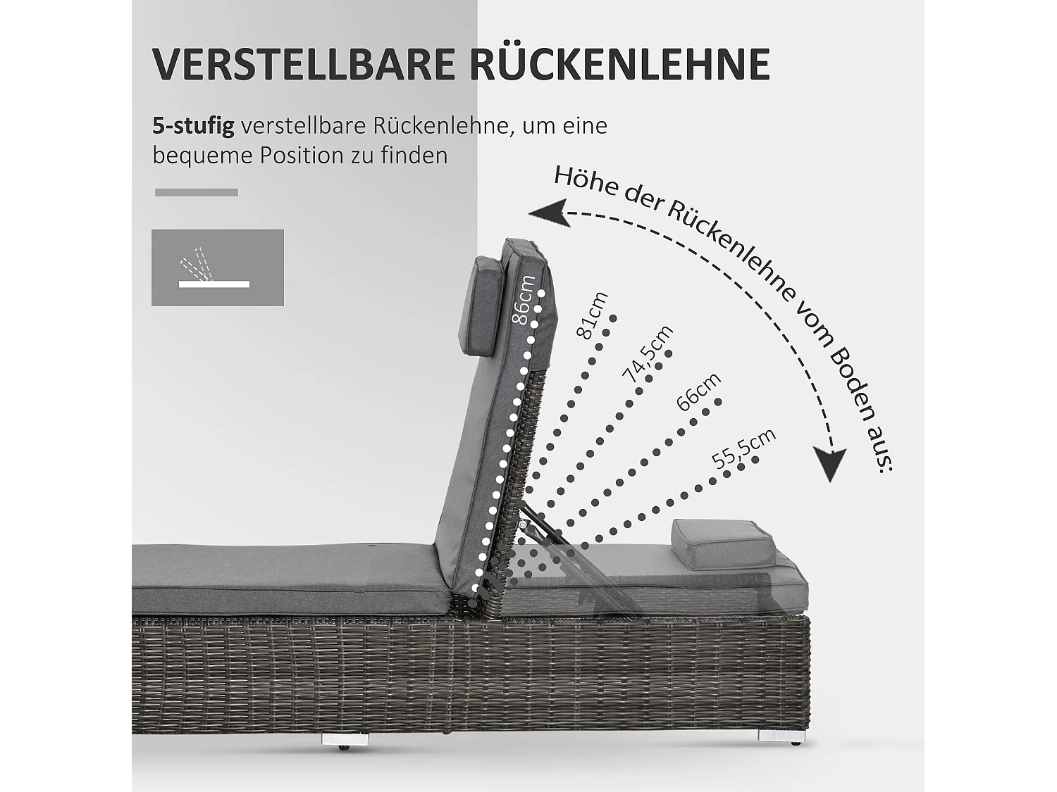 Chaise longue 3 pièces, en poly-rattan, aluminium, gris (60x195x91 cm)