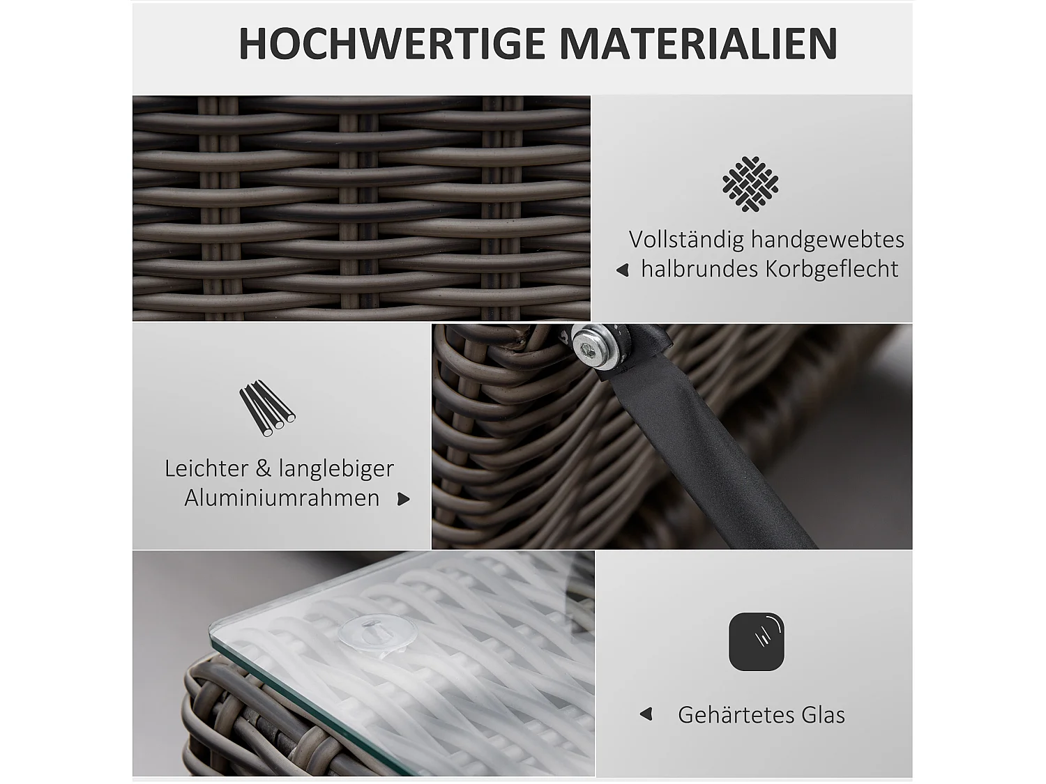 Chaise longue 3 pièces, en poly-rattan, aluminium, gris (60x195x91 cm)