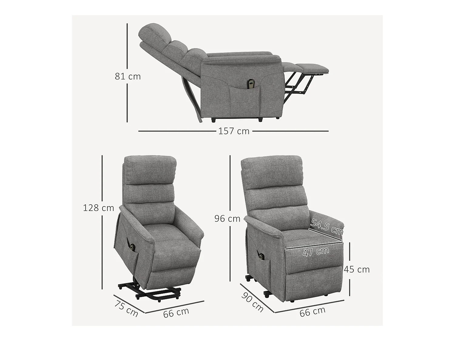 Fauteuil avec fonction de levée électrique, dossier réglable, tissu en lin, gris (66x90x96 cm)