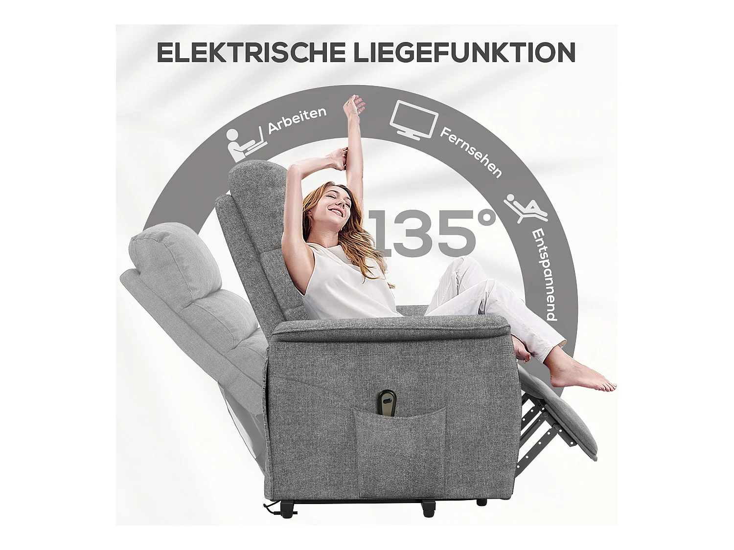 Fauteuil avec fonction de levée électrique, dossier réglable, tissu en lin, gris (66x90x96 cm)