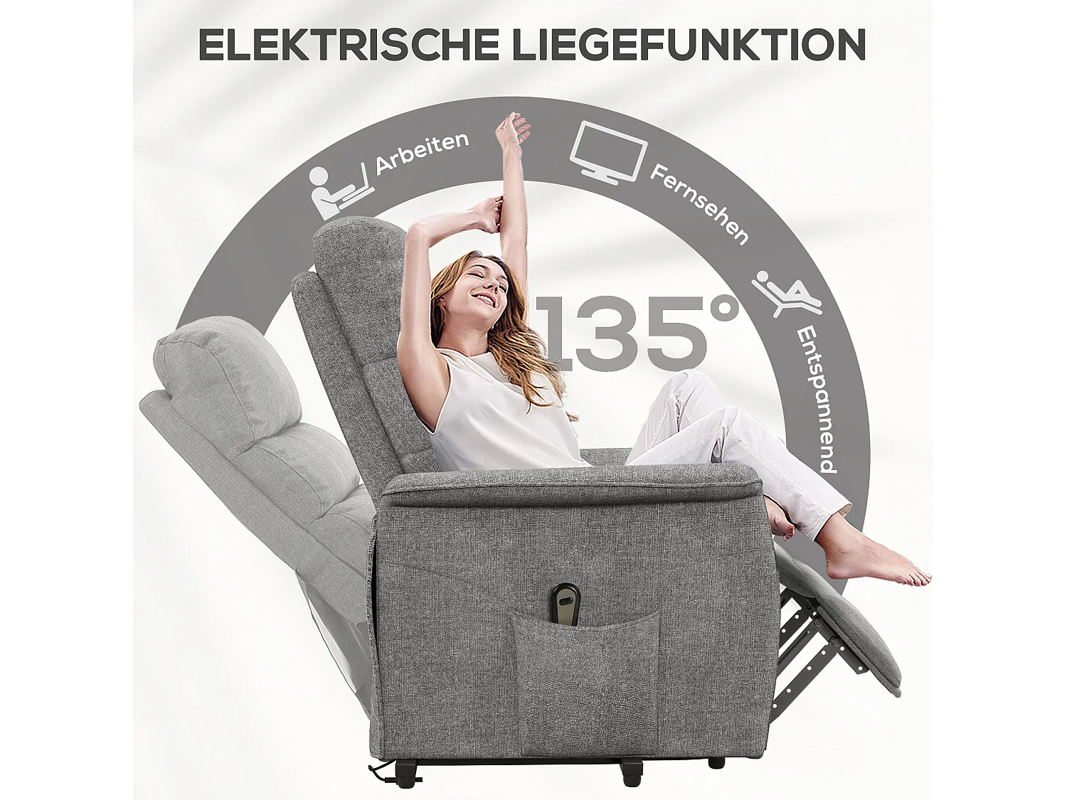 Fauteuil avec fonction de levée électrique, dossier réglable, tissu en lin, gris (66x90x96 cm)