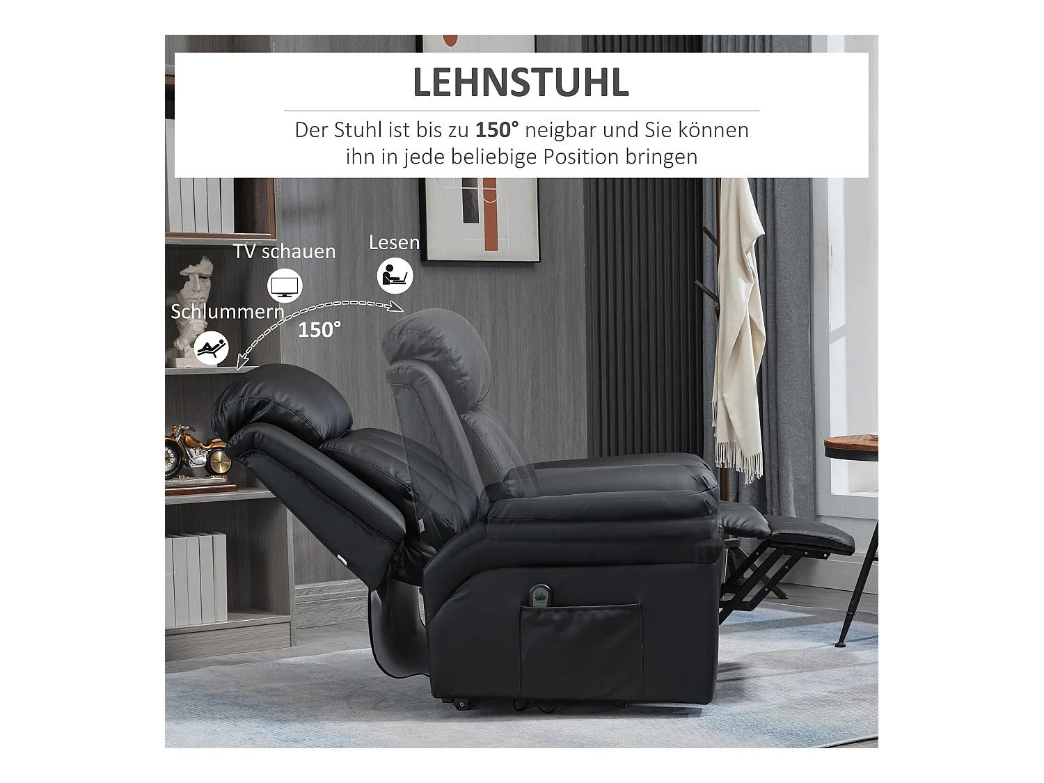 Elektrische relaxfauteuil met liftfunctie, verstelbaar met afstandsbediening, in zwart imitatieleer (93x96x105 cm)