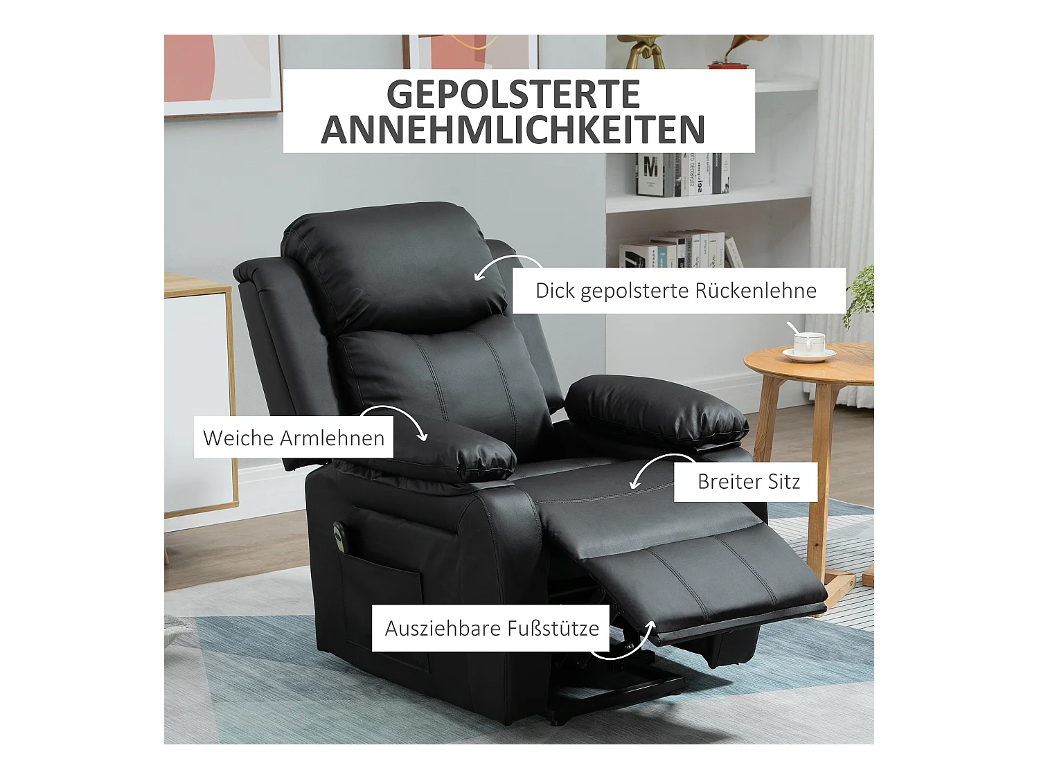 Elektrische relaxfauteuil met liftfunctie, verstelbaar met afstandsbediening, in zwart imitatieleer (93x96x105 cm)