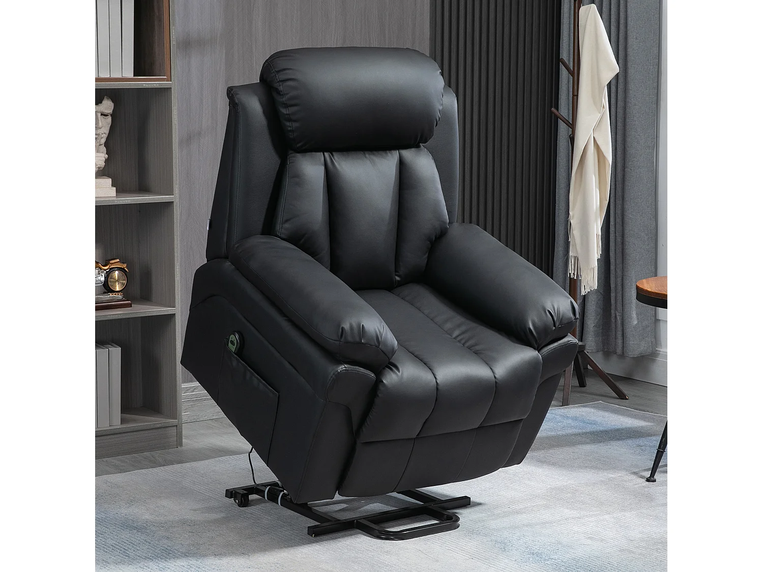 Fauteuil électrique avec fonction releveur, inclinable avec télécommande, en simili cuir noir (93x96x105 cm)