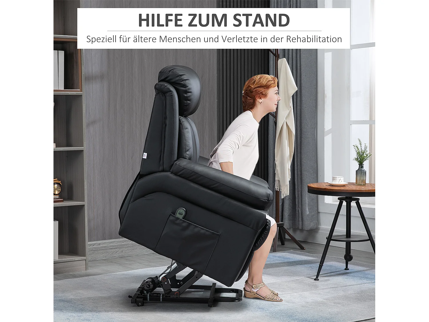 Fauteuil électrique avec fonction releveur, inclinable avec télécommande, en simili cuir noir (93x96x105 cm)