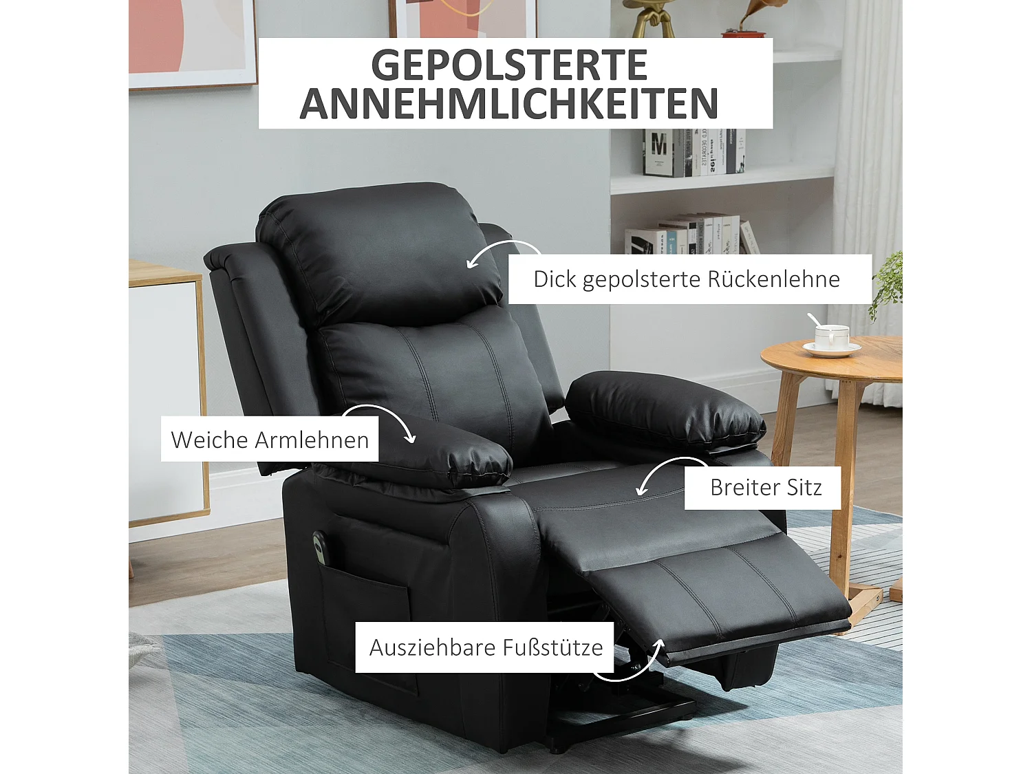 Fauteuil électrique avec fonction releveur, inclinable avec télécommande, en simili cuir noir (93x96x105 cm)