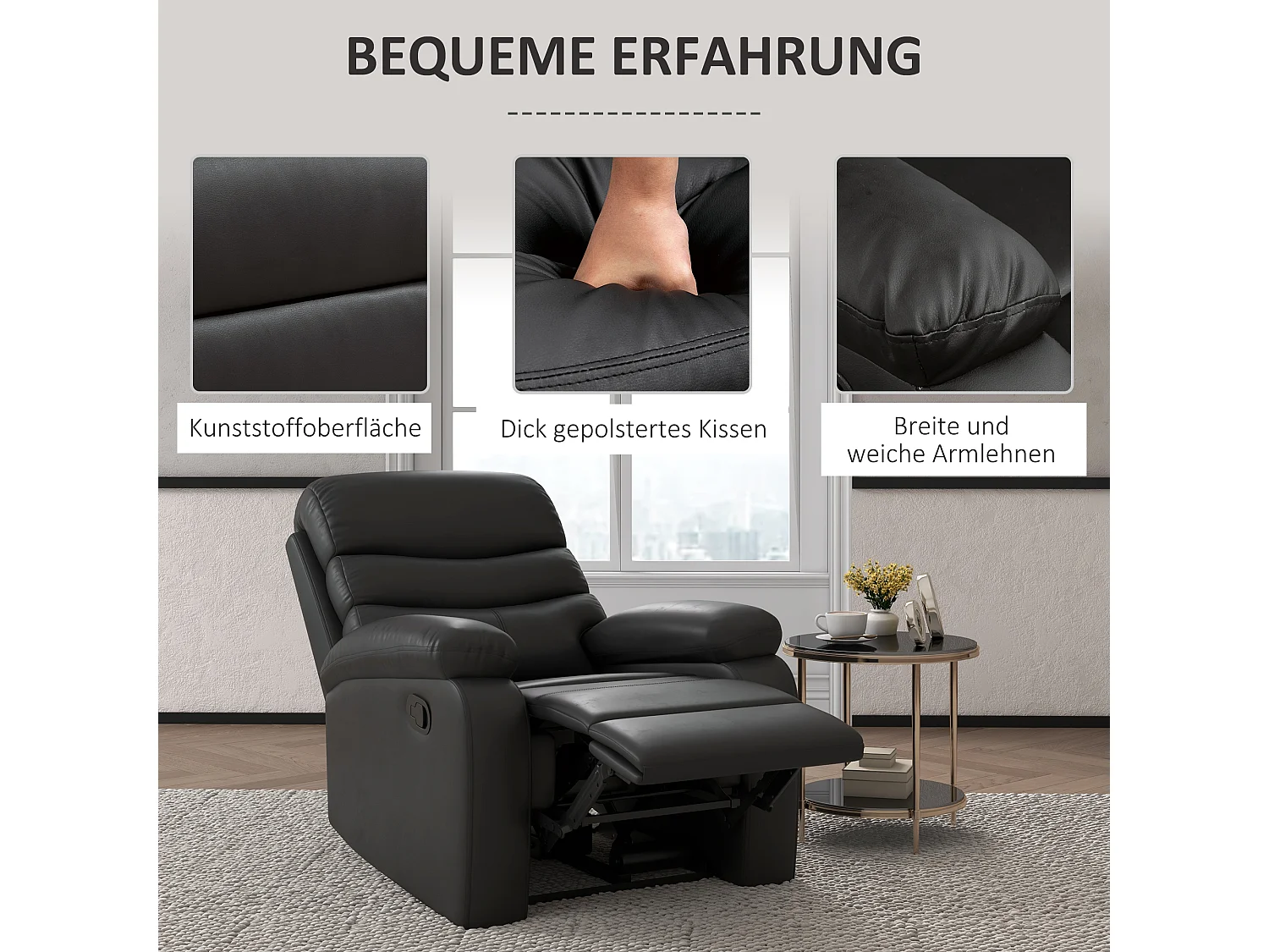 Relaxfauteuil met relaxfunctie, voetenbank, kunstleer, zwart (78x90x105 cm)