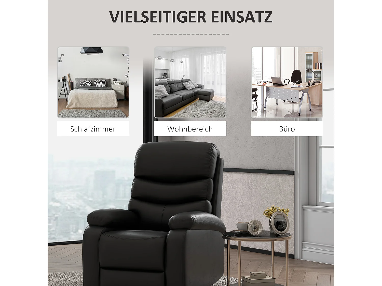 Relaxfauteuil met relaxfunctie, voetenbank, kunstleer, zwart (78x90x105 cm)